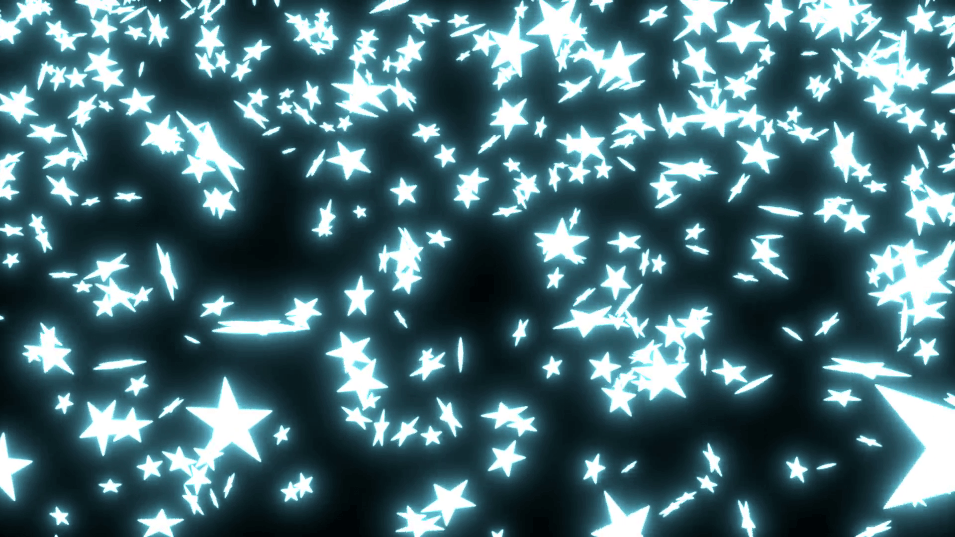 Animated falling neon light blue stars on black background. Motion