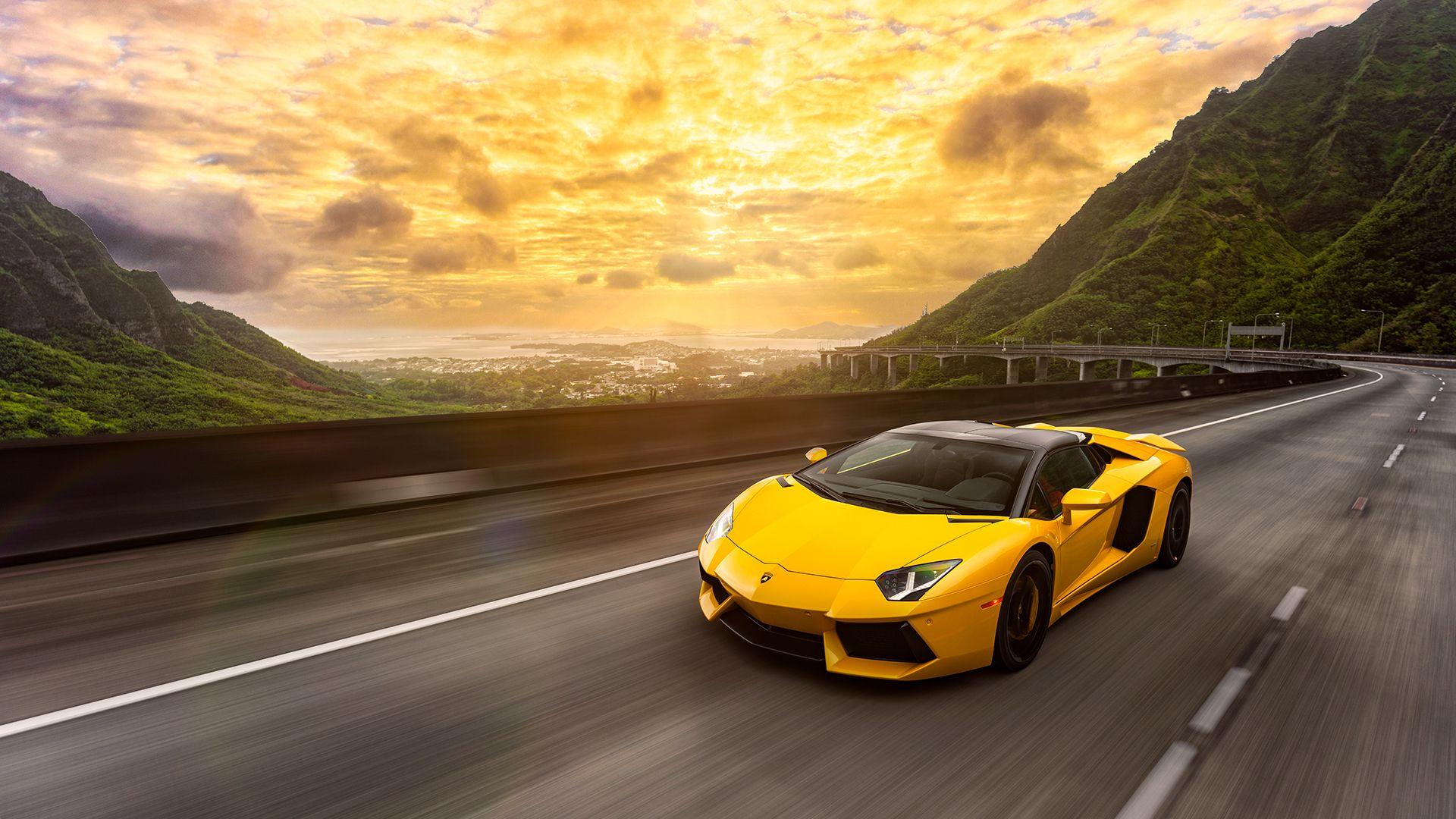Wallpaper, yellow, Lamborghini Aventador, sports car, driving