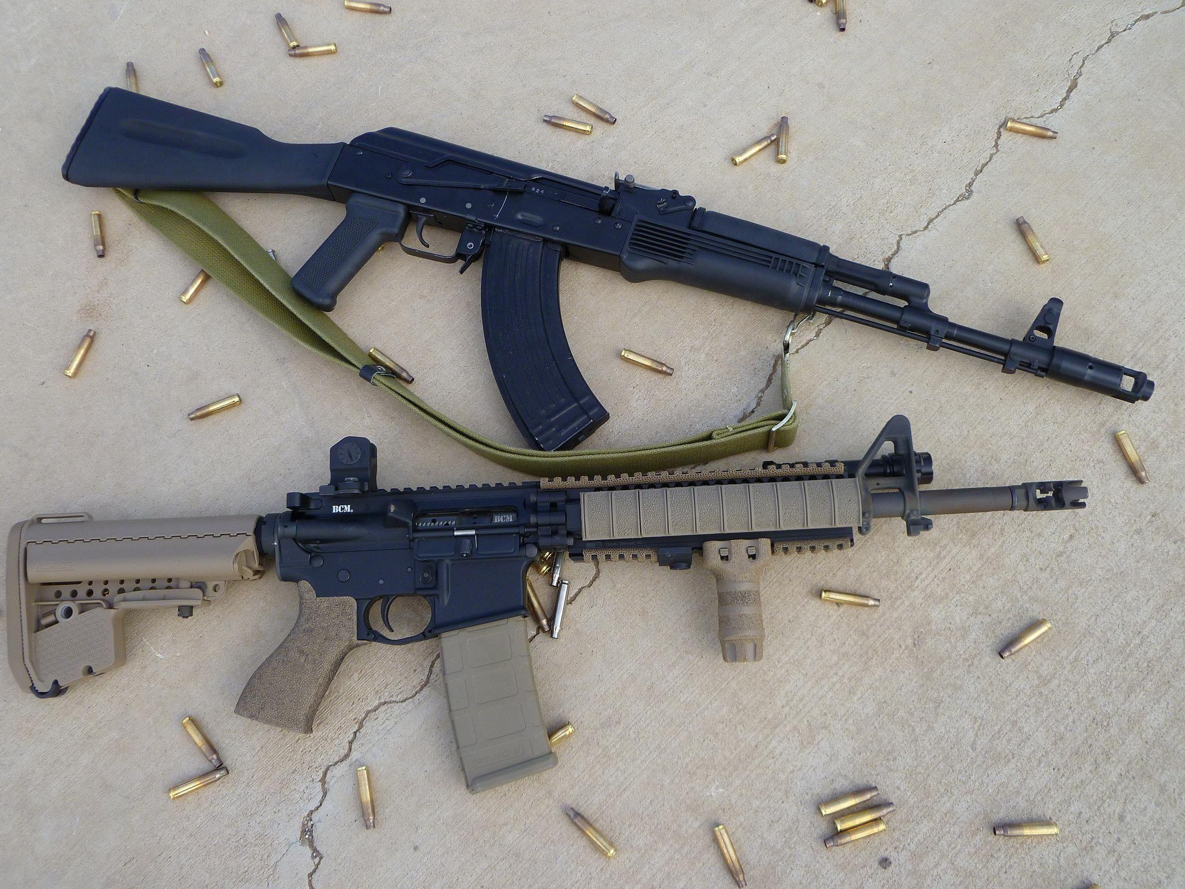 Two black Kalashnikov riffle and M4A1 rifle HD wallpaper. Wallpaper