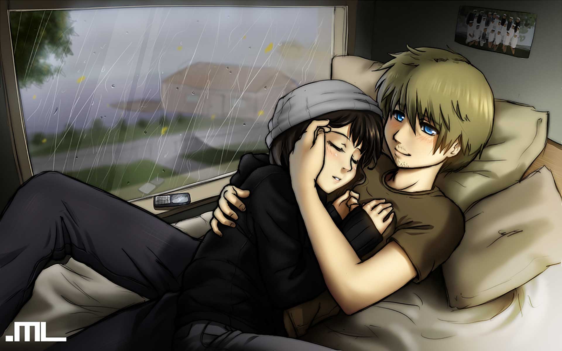 anime couple hugging in rain