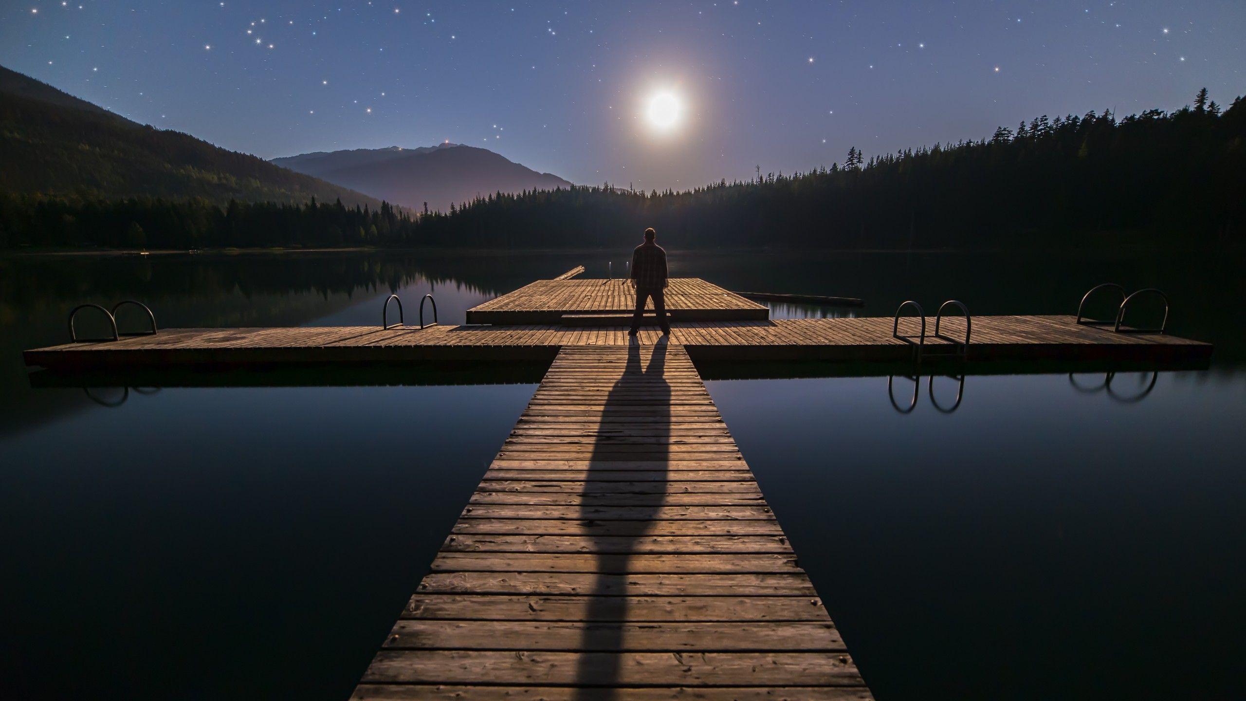 Wallpaper Alone, Stars, Dock, Dusk, Man, Mountains, Forest