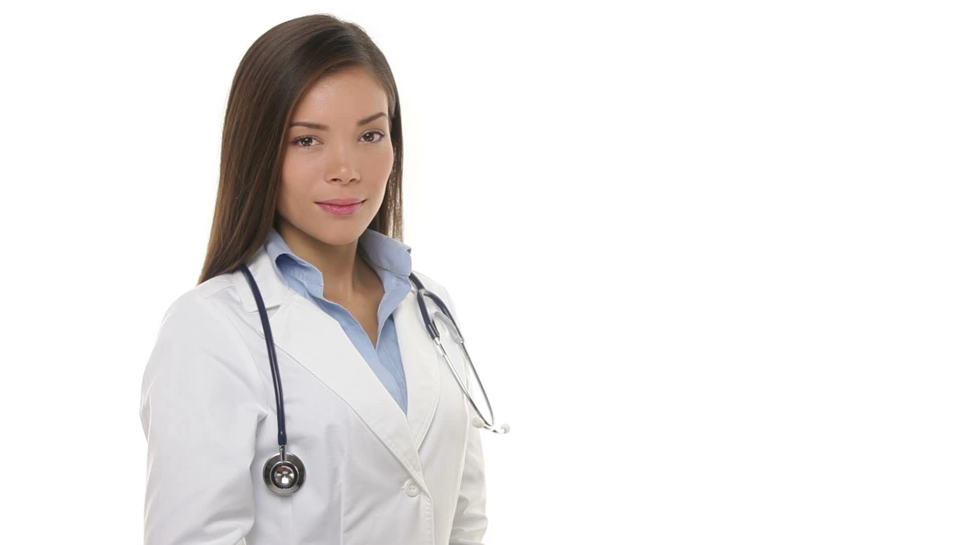 Video: Medical doctor woman portrait on white