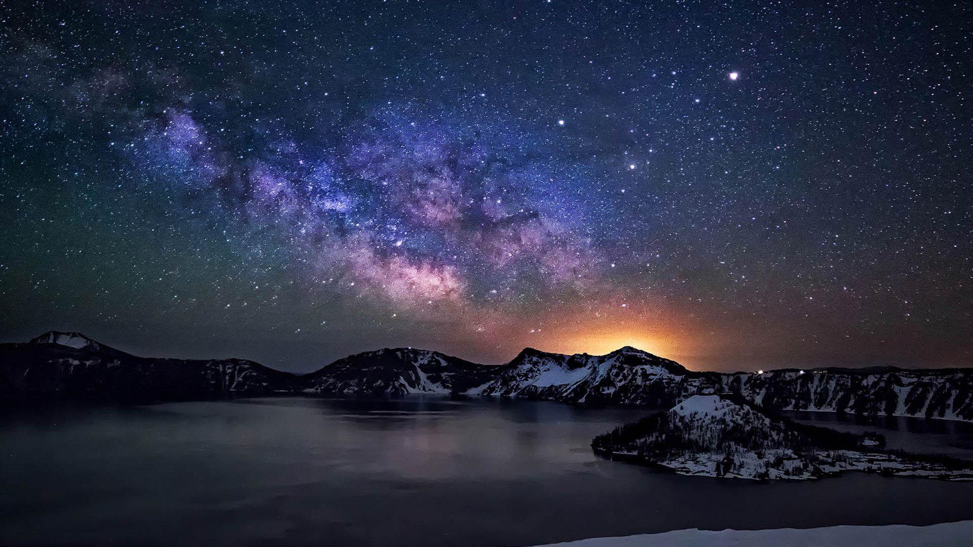Crater Lake Night Sky With Star Milkyway Desktop Wallpaper HD