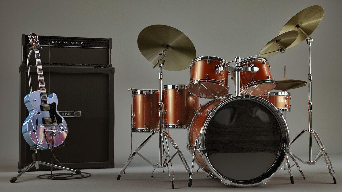 3D Guitar and Ampstack and Drum set textured
