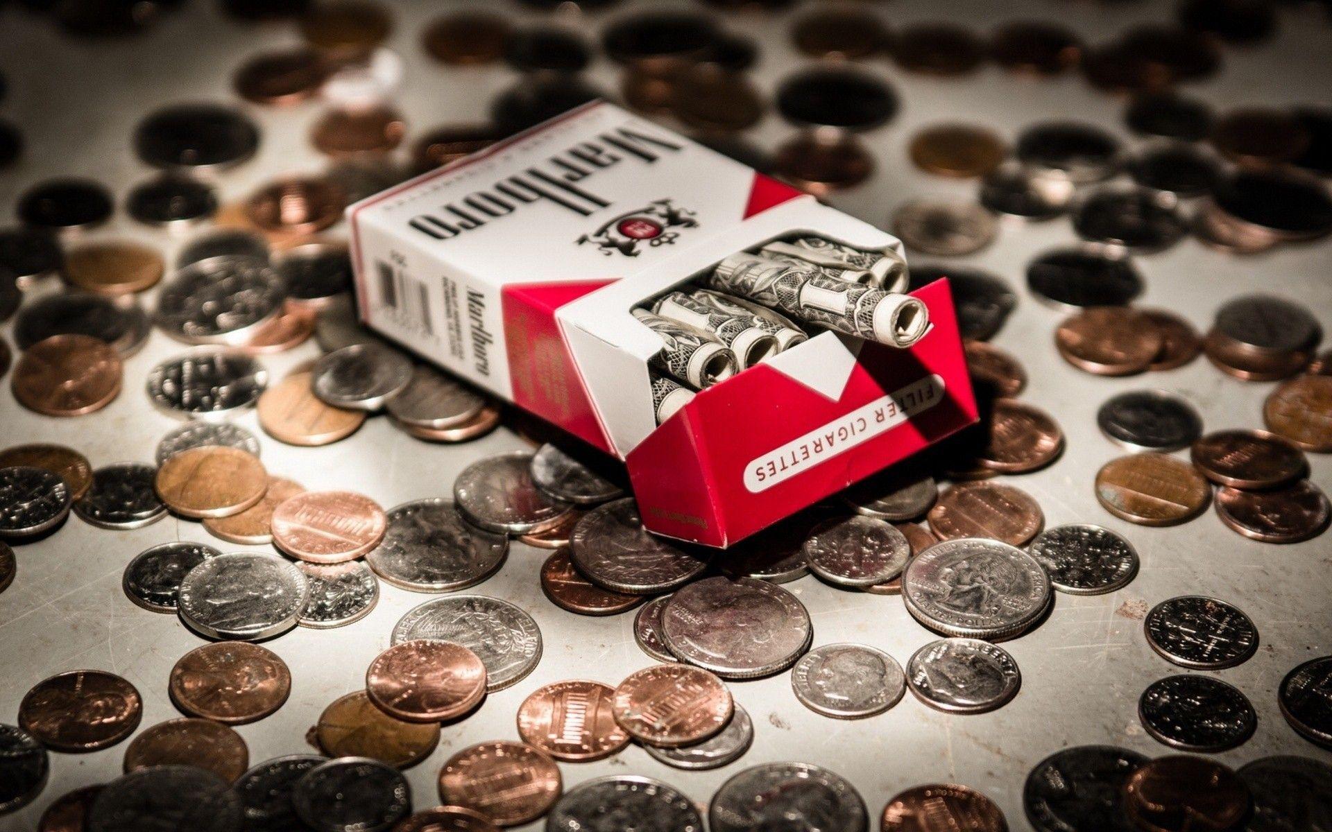 Wallpaper, cigarettes, Marlboro, dollars, coins, money, brand