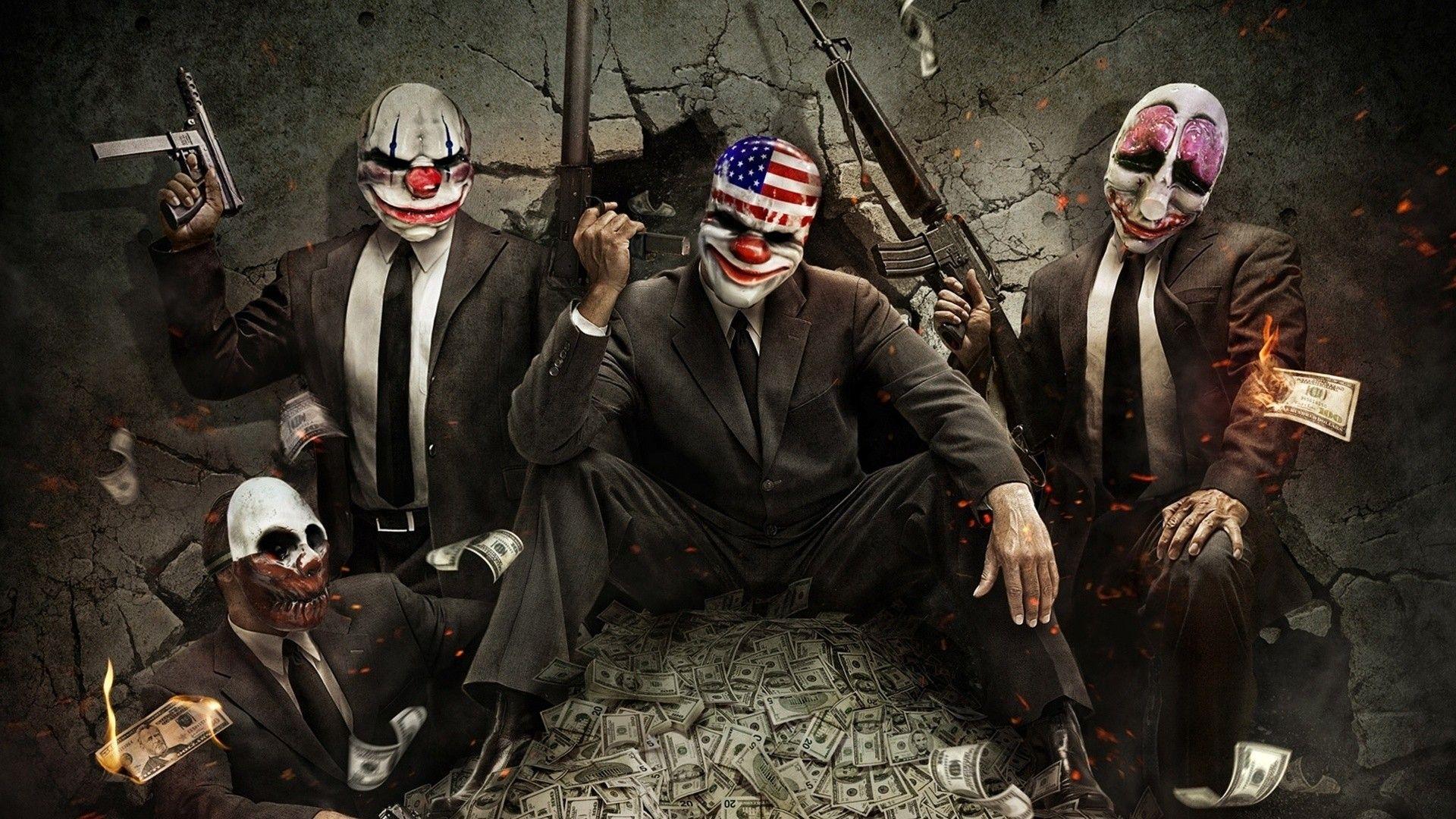 guns, money, clowns, artwork, PayDay wallpaper