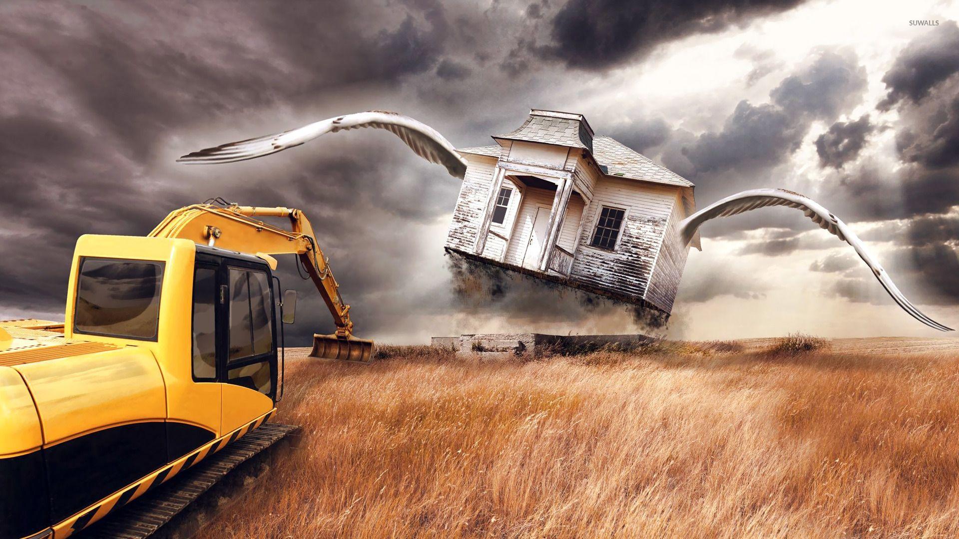 Excavator and a house with wings wallpaper wallpaper