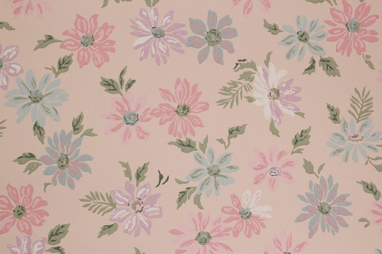 1950s Vintage Wallpaper Pink and Blue Daisies on Soft Pink by