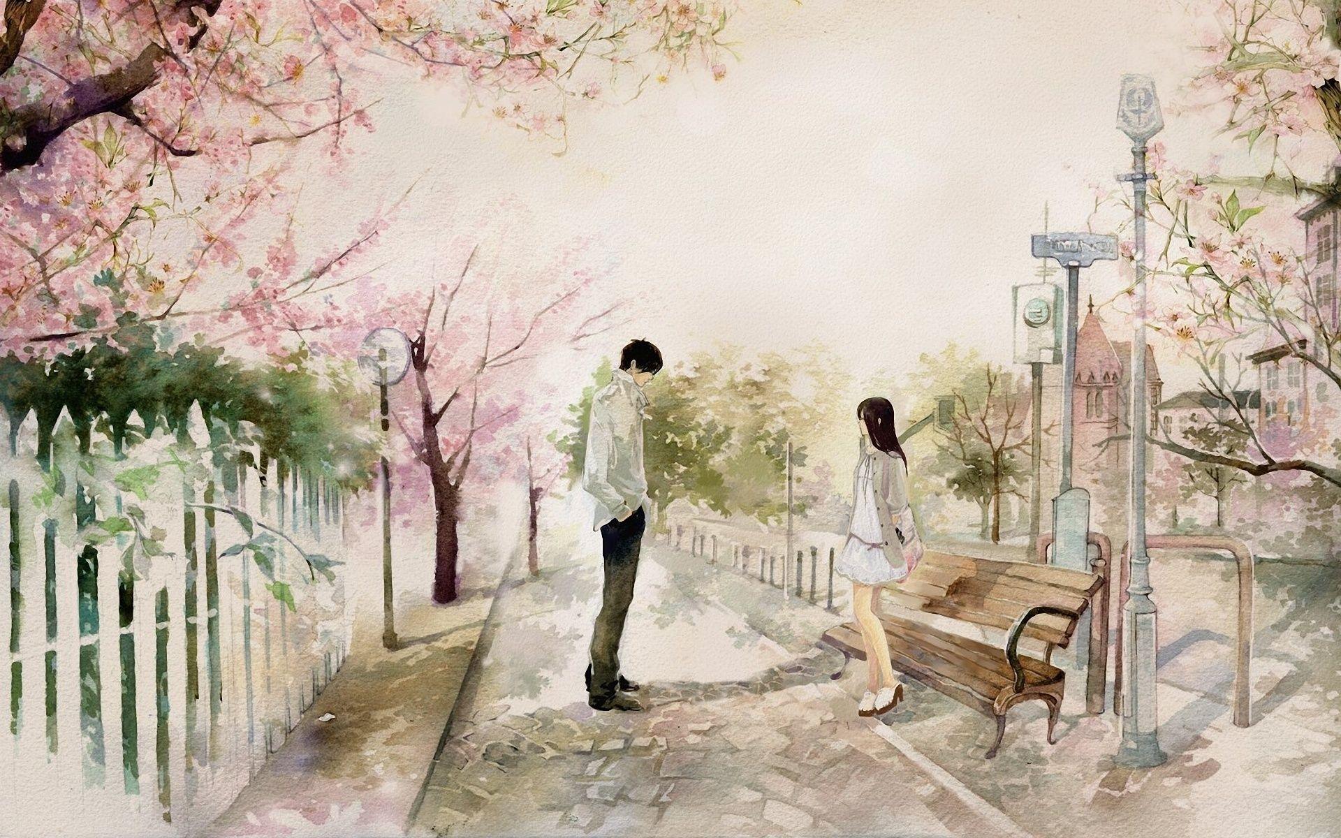 anime, bench, park, date, couple wallpaper