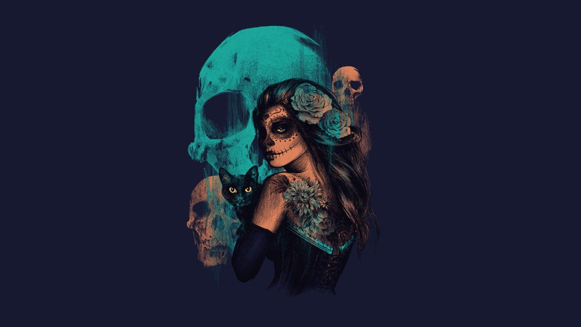 Wallpaper, women, fantasy art, artwork, blue, skull, Sugar Skull, darkness, computer wallpaper 1920x1080