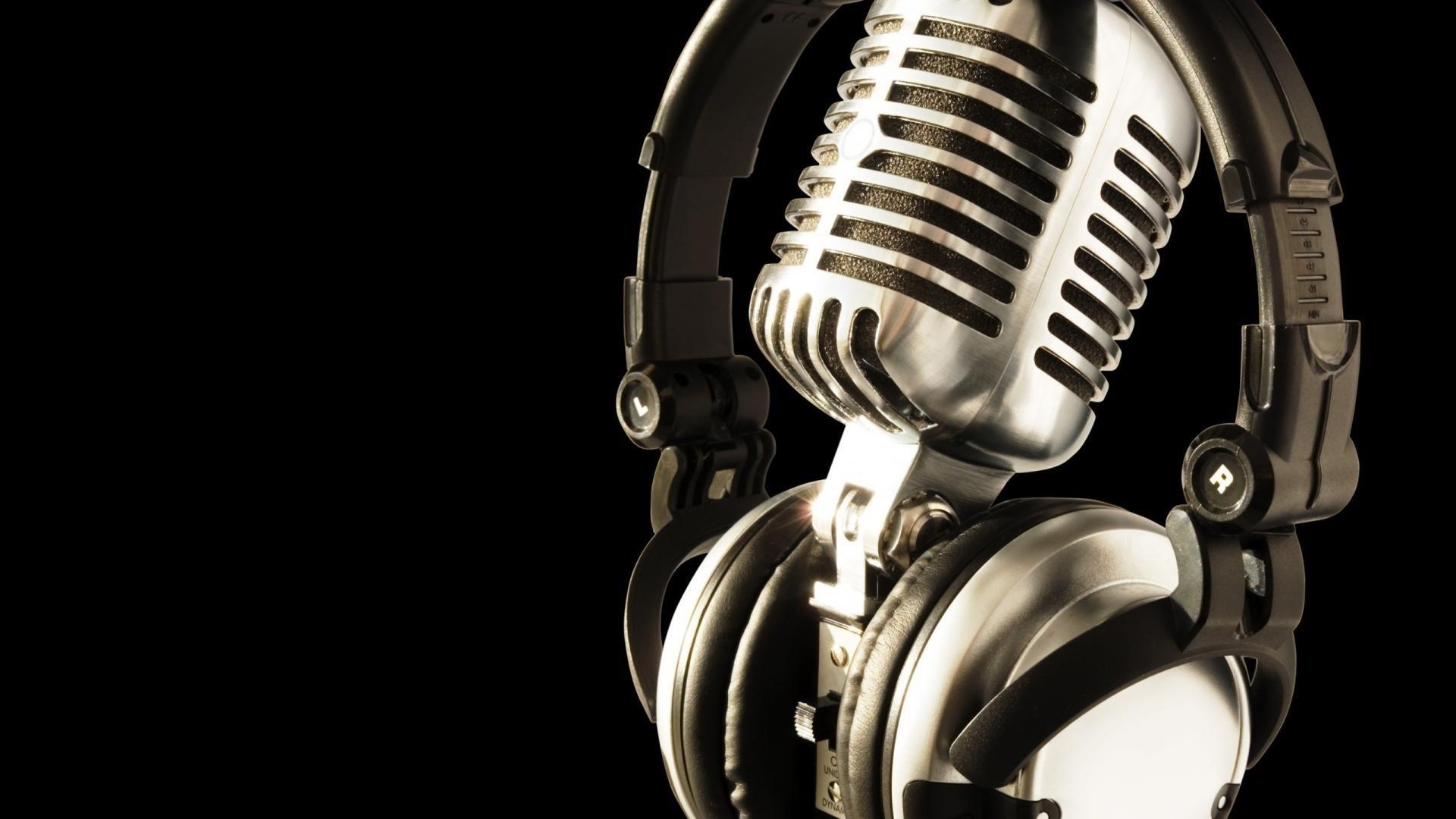 Black background headphones microphones music studio wallpaper