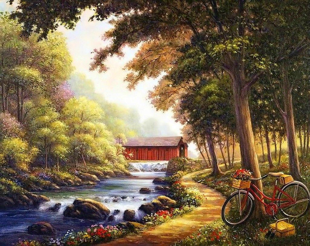 Misc: Old Bike Outdoor River Color Bridge Colorful Landscape