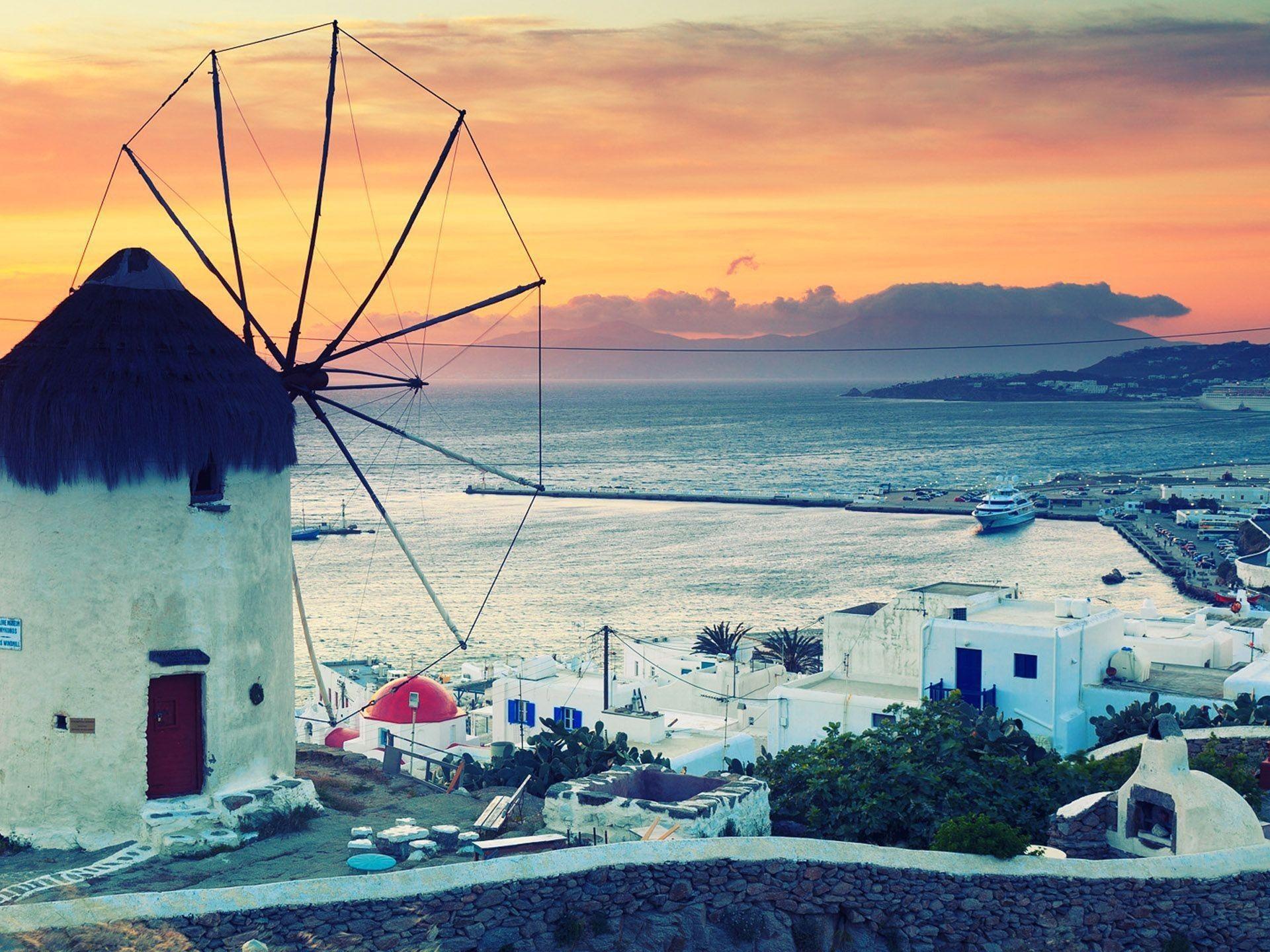 Sunset cityscapes greece windmills greek islands mykonos wallpaper