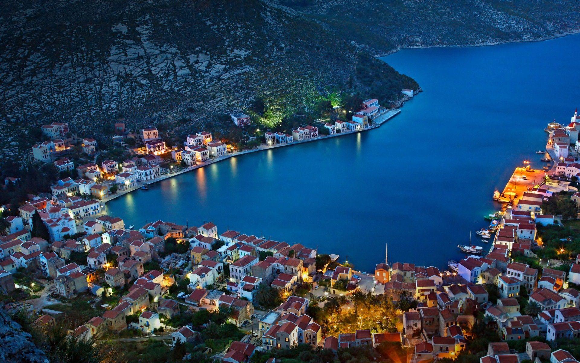 Houses: Fabulous Town Greek Island Kastellorizo Evening Inlet Lights