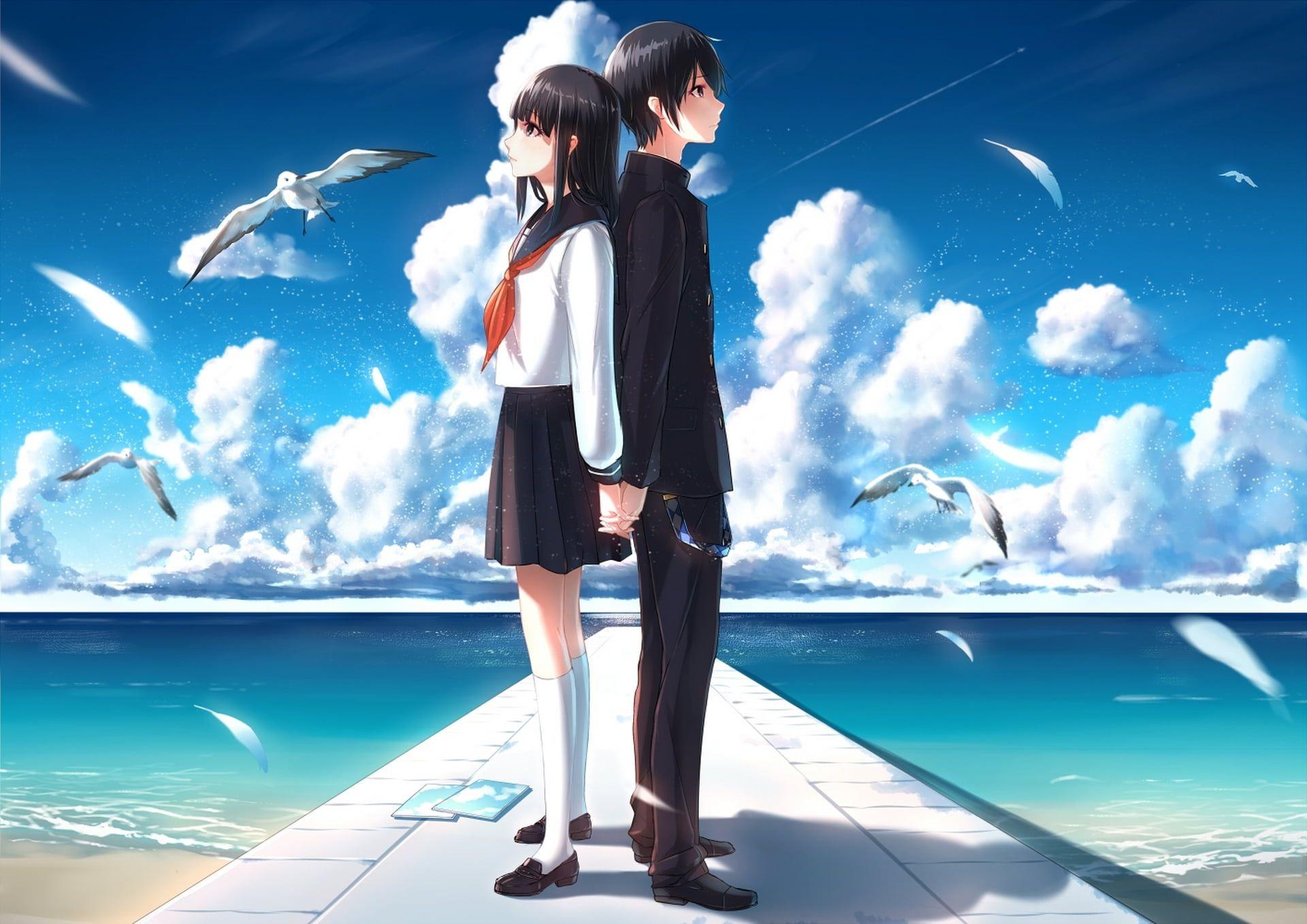 Two boy and girl anime characters on dock illustration HD