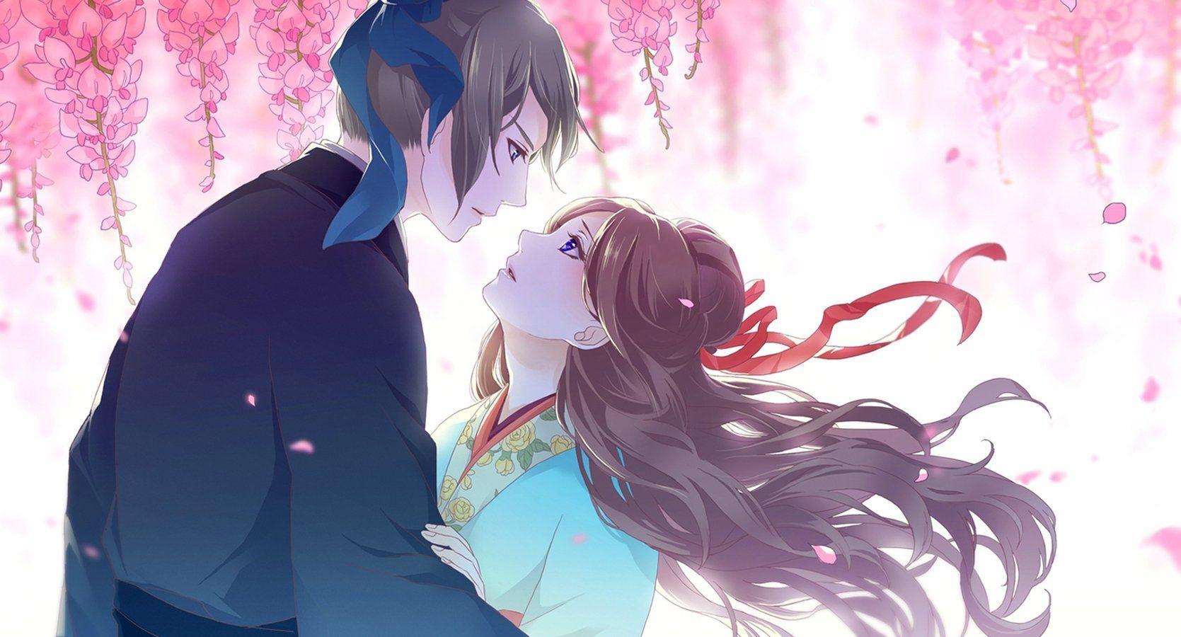 Anime couple love girl boy long hair sakura flower kimono