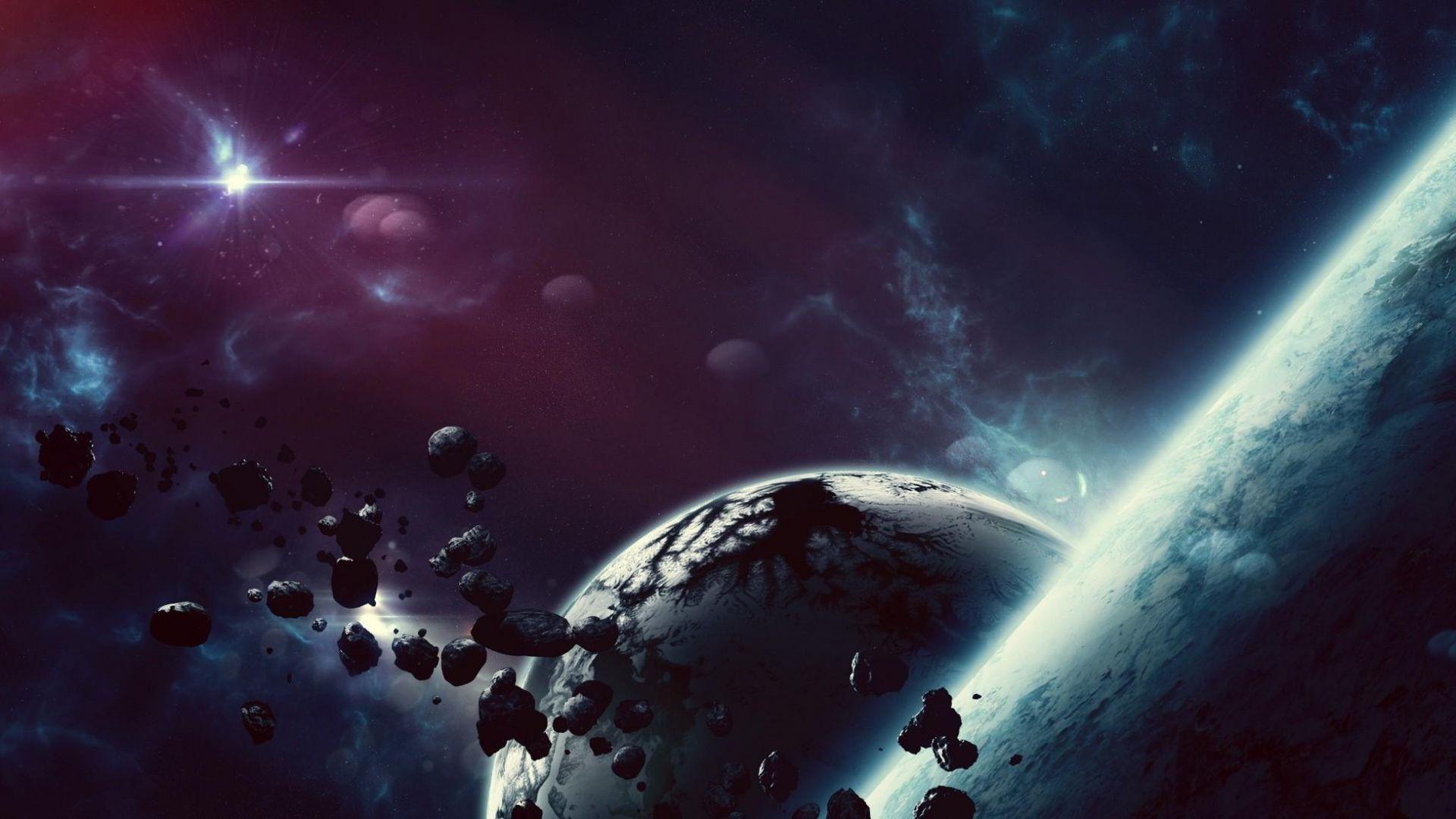 Download Wallpaper 1920x1080 space, asteroids, planets, galaxies