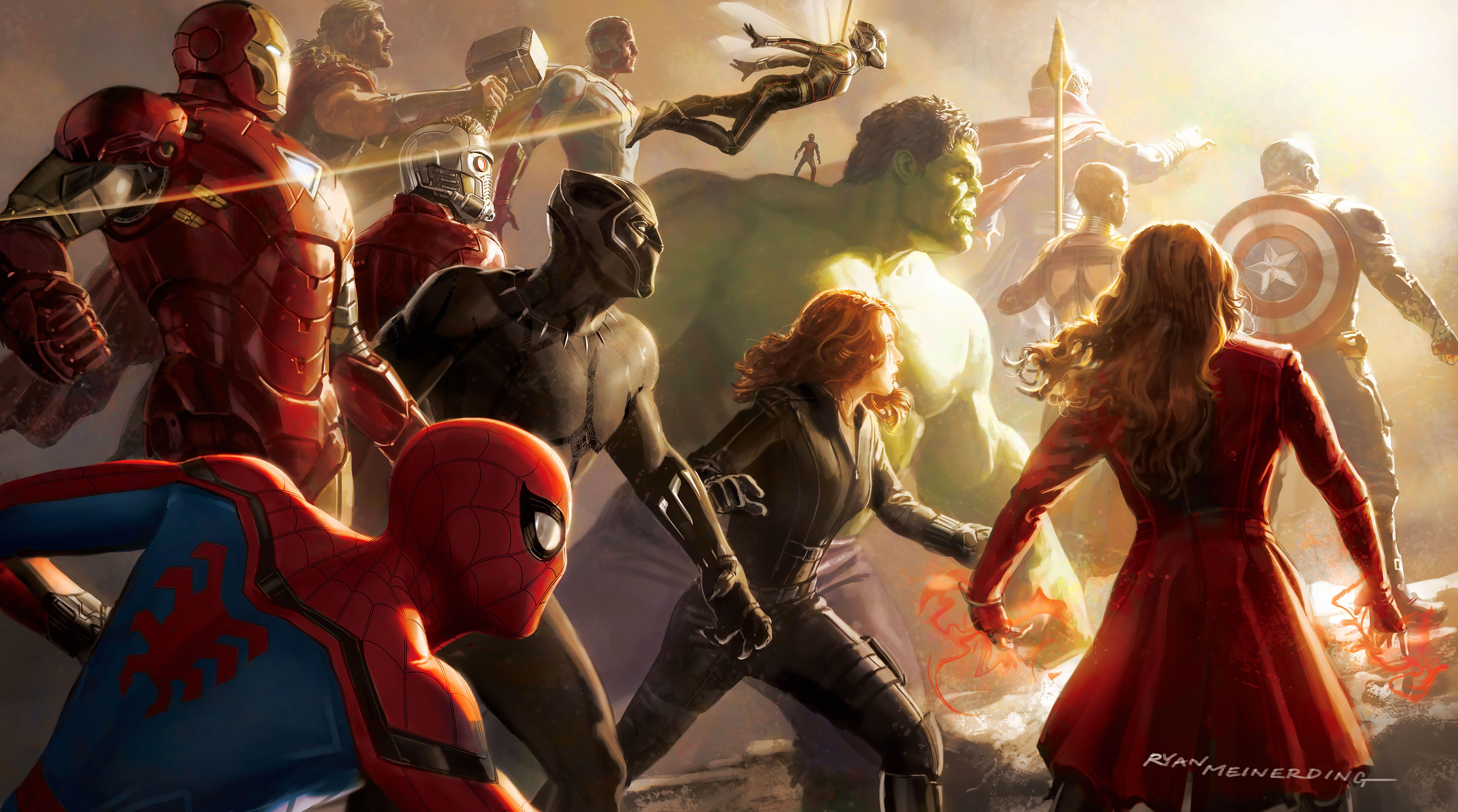 Spider Man, Iron Man, Scarlet Witch, Hulk, Black Widow, Captain America, Star Lord, Black Panther, Doctor Strange And Thor 8k Ultra HD Wallpaper