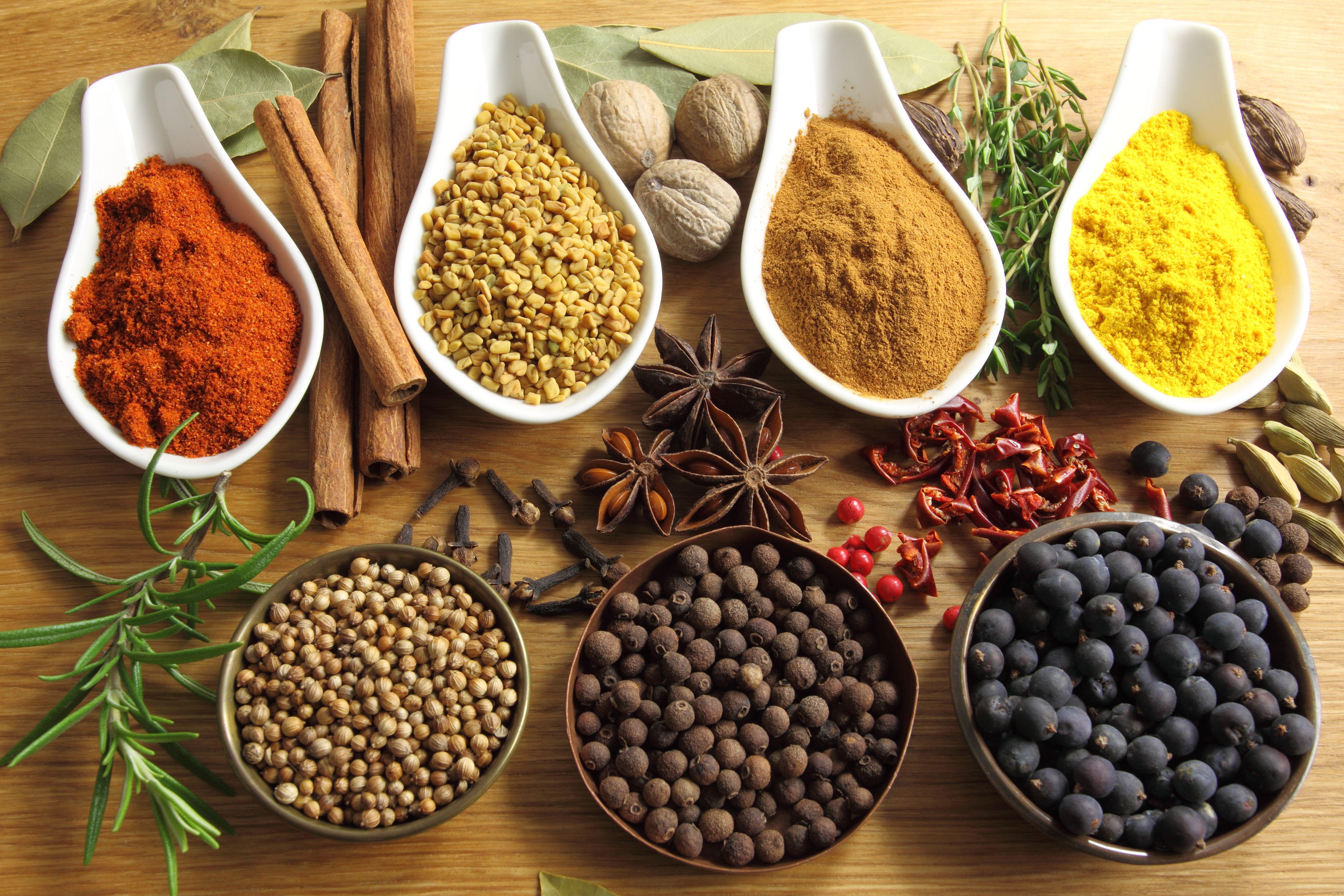 Bowls with different spices wallpaper and image