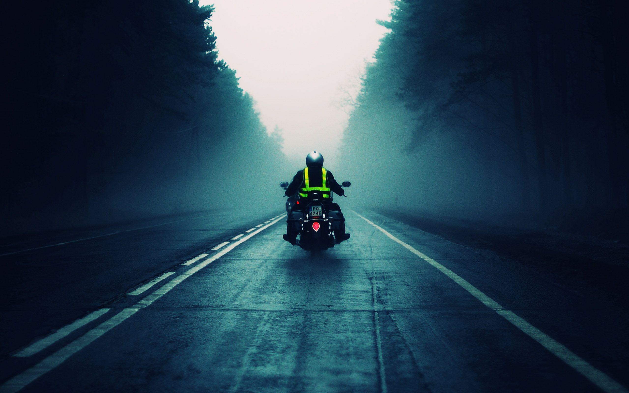 Motorcycle Road Into Fog Desktop Wallpaper