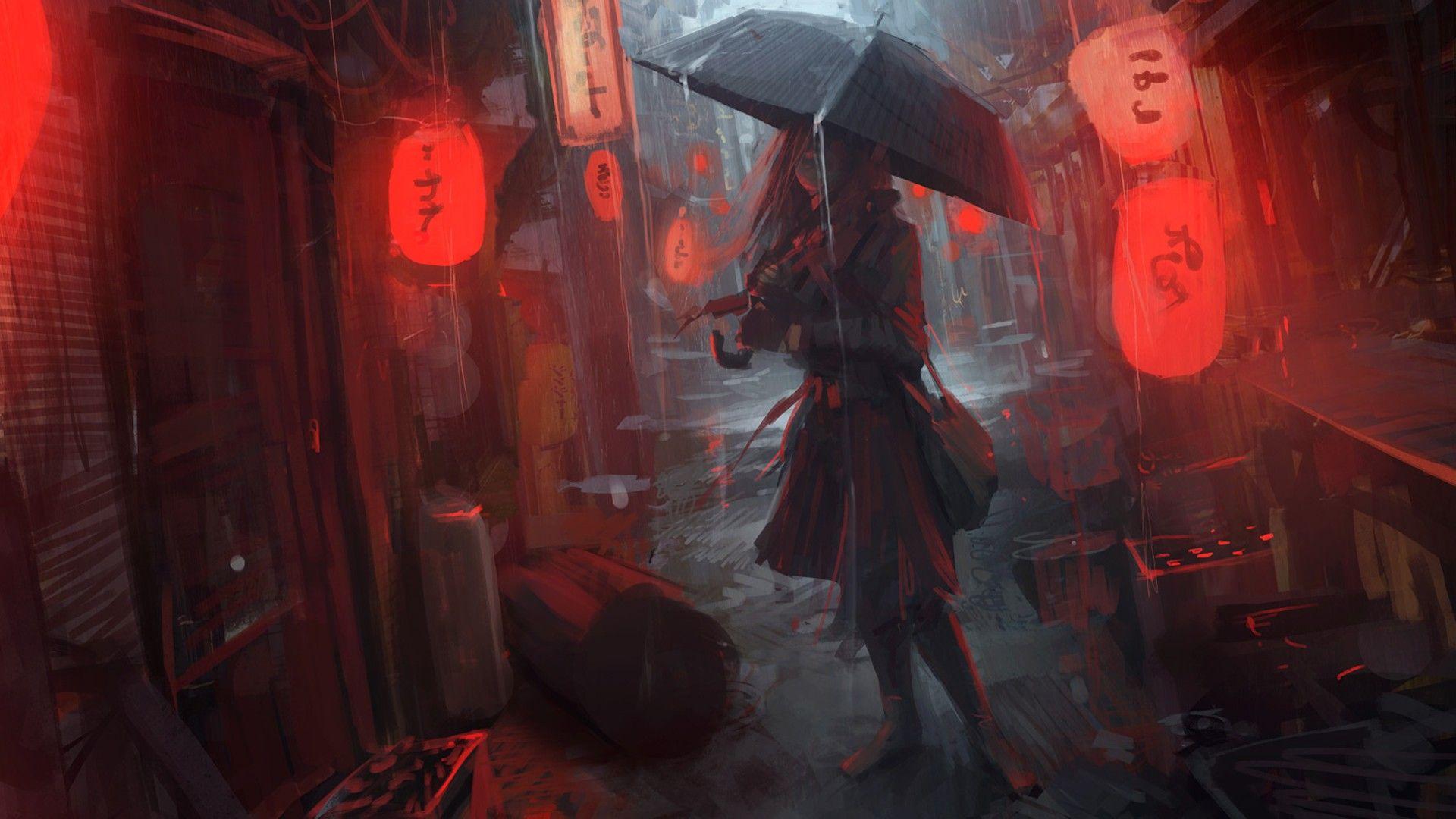 women, Chinatown, artwork, umbrellas wallpaper