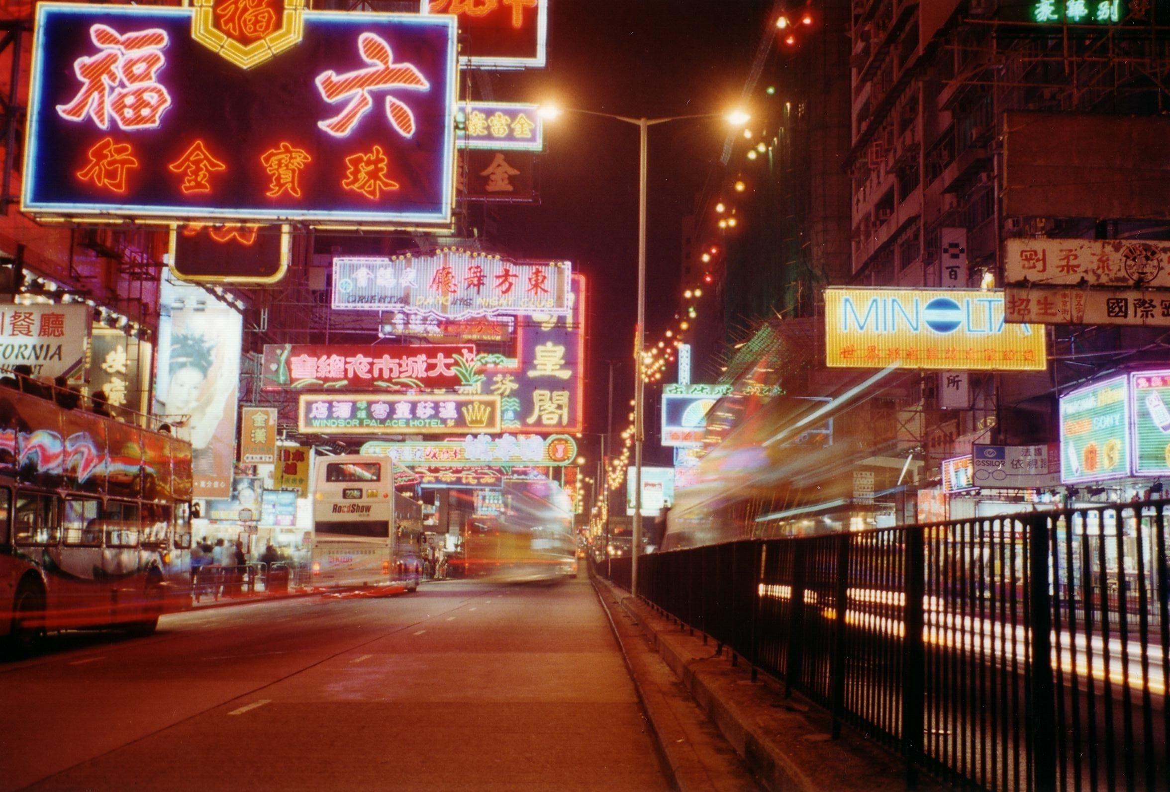Wallpaper, night, city, lights, Chinatown, Chinese characters
