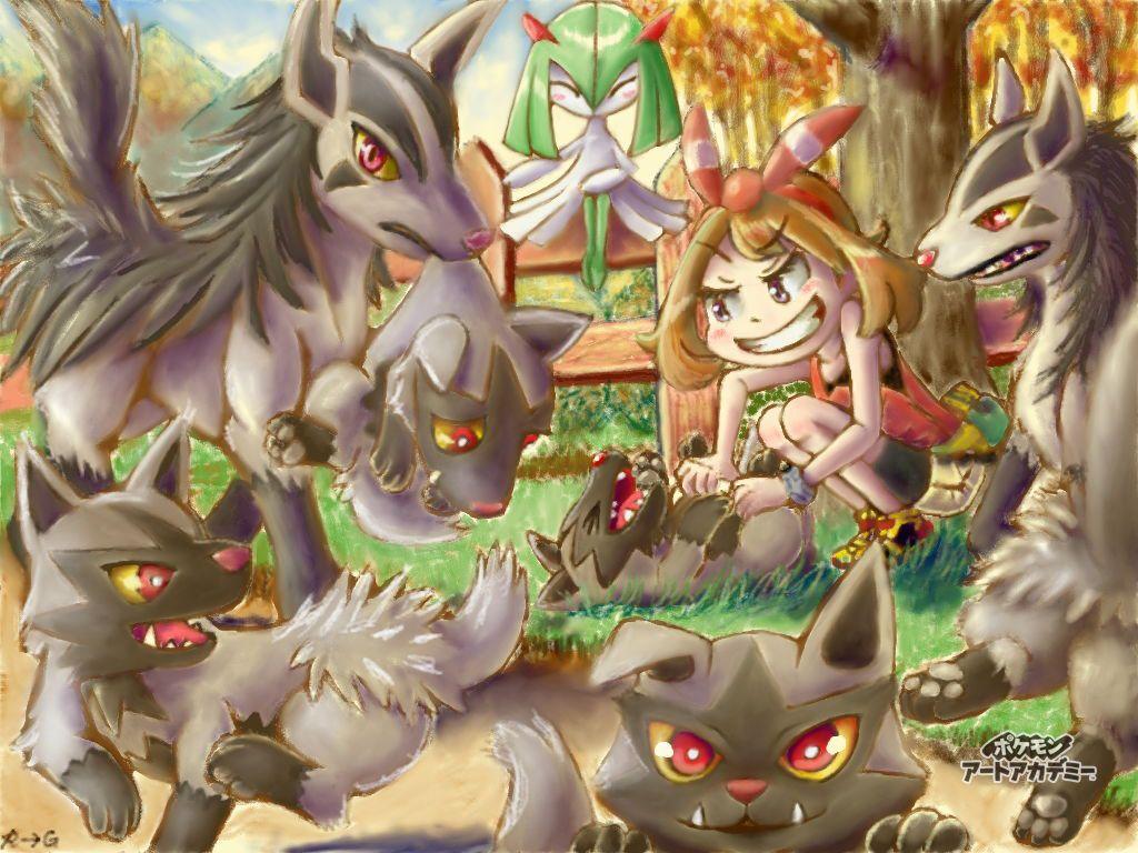 May playing with an Poochyena. Pokémon