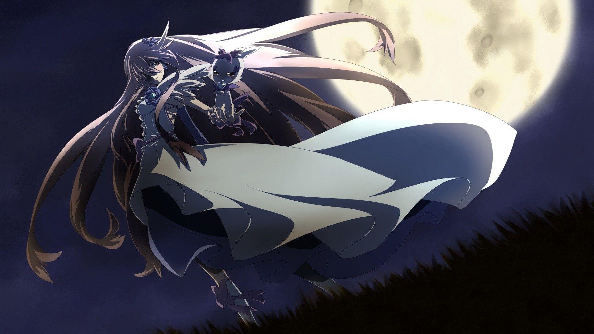 gloves, dress, night, Moon, long hair, outdoors, pink hair, Pretty