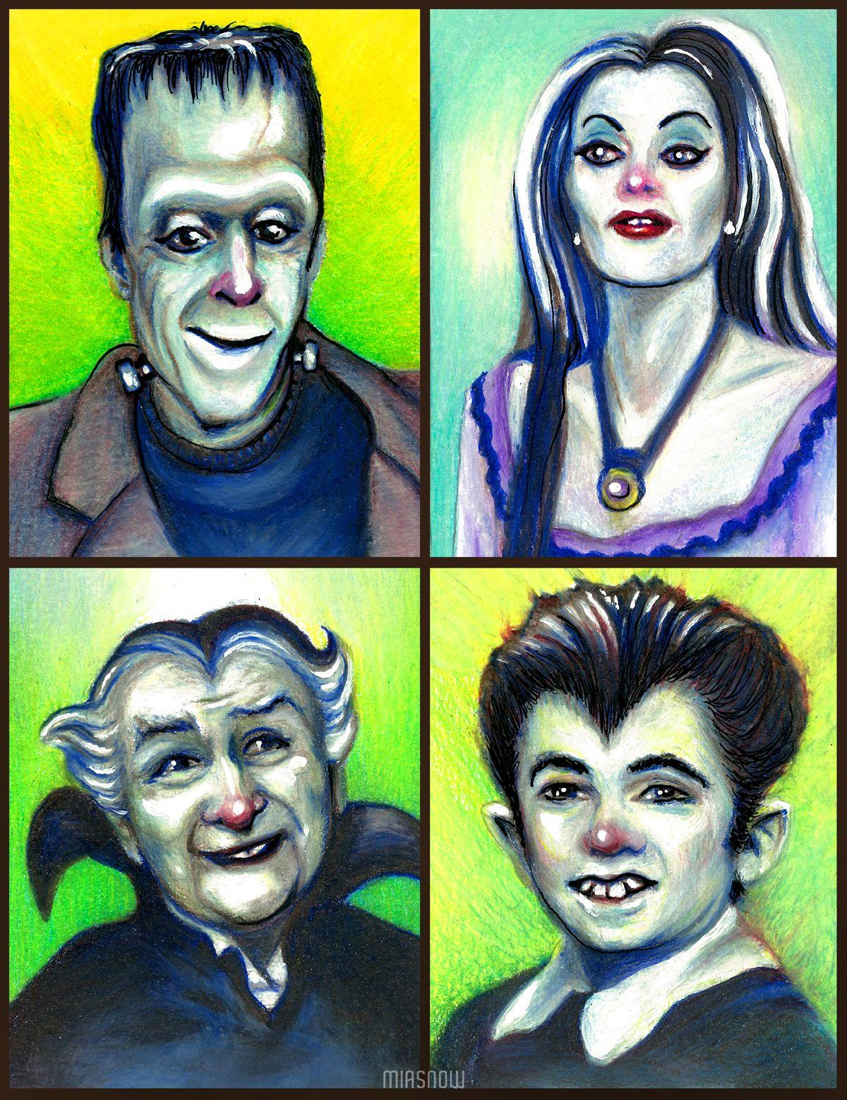 The Munsters color pencil drawing of Herman, Lily, Grandpa, & Eddie