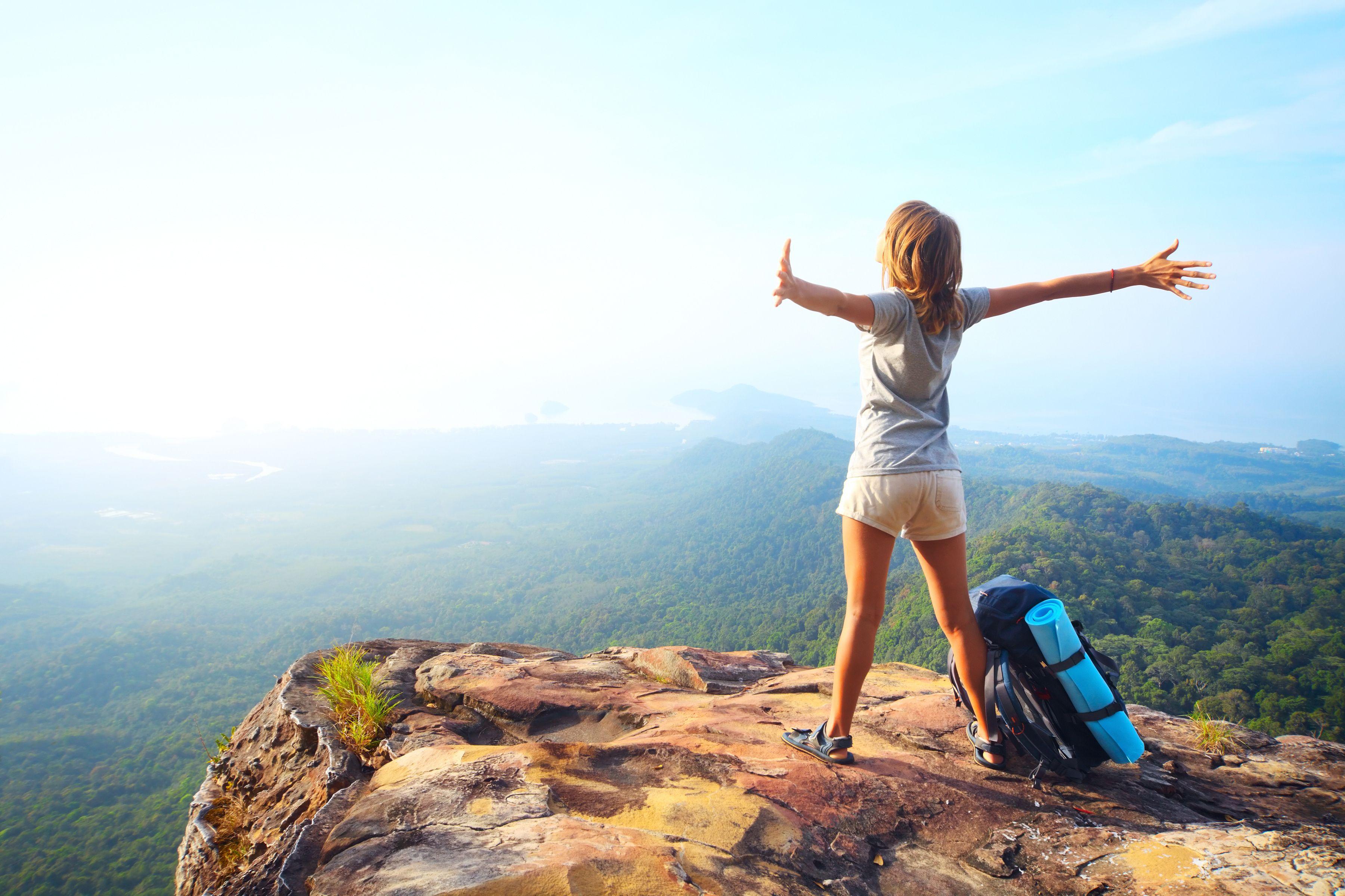 Download Wallpaper forest tree mountain rock girl stone sky backpack