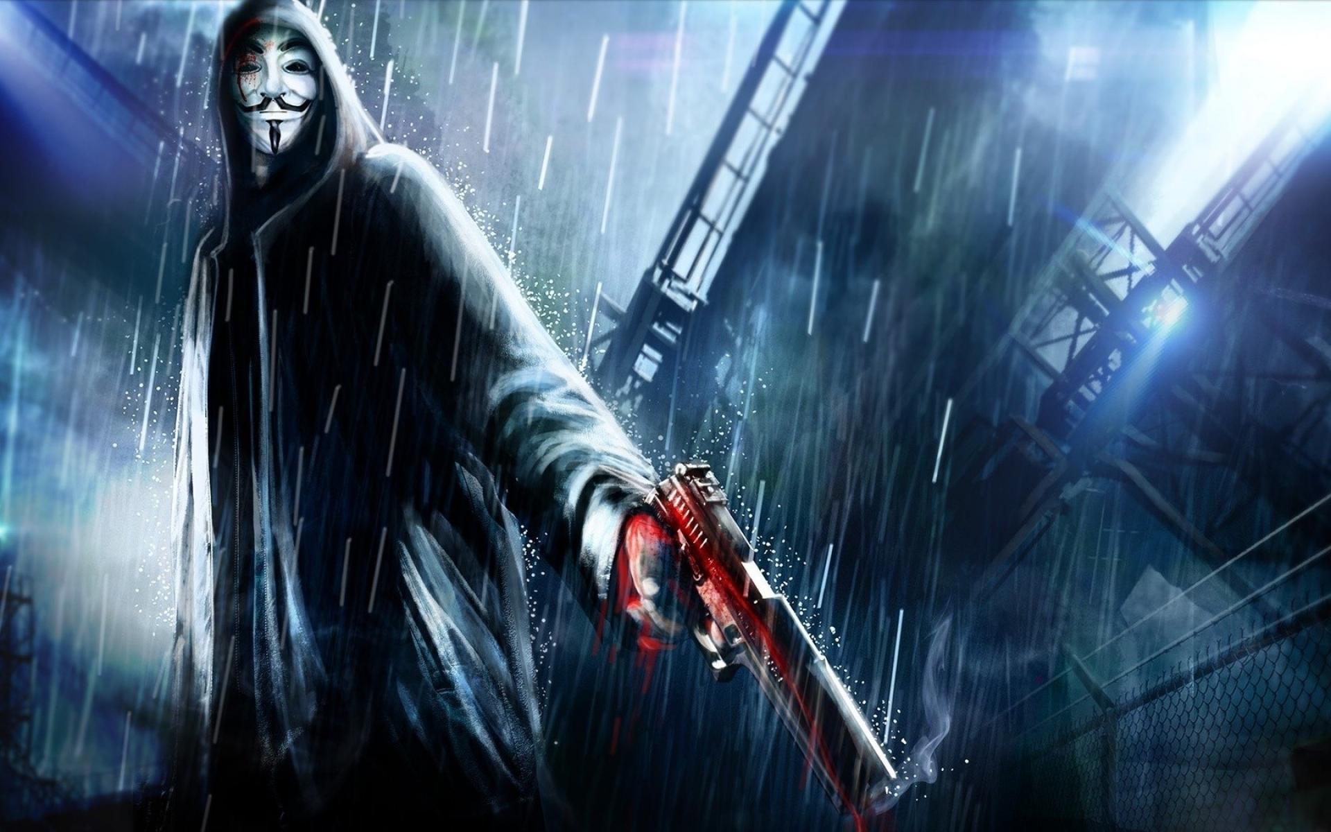 Anonymous guns rain masks v for vendetta artwork wallpaper