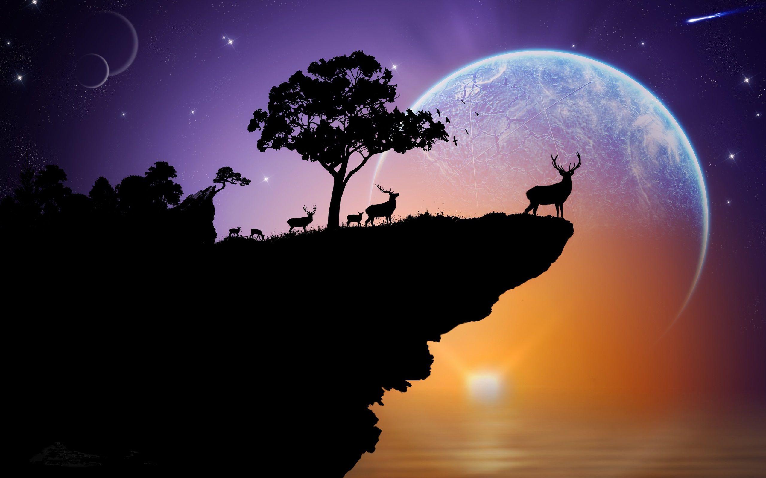Silhouette, deer, planet, sky, stars, trees, rock, sunset, creative
