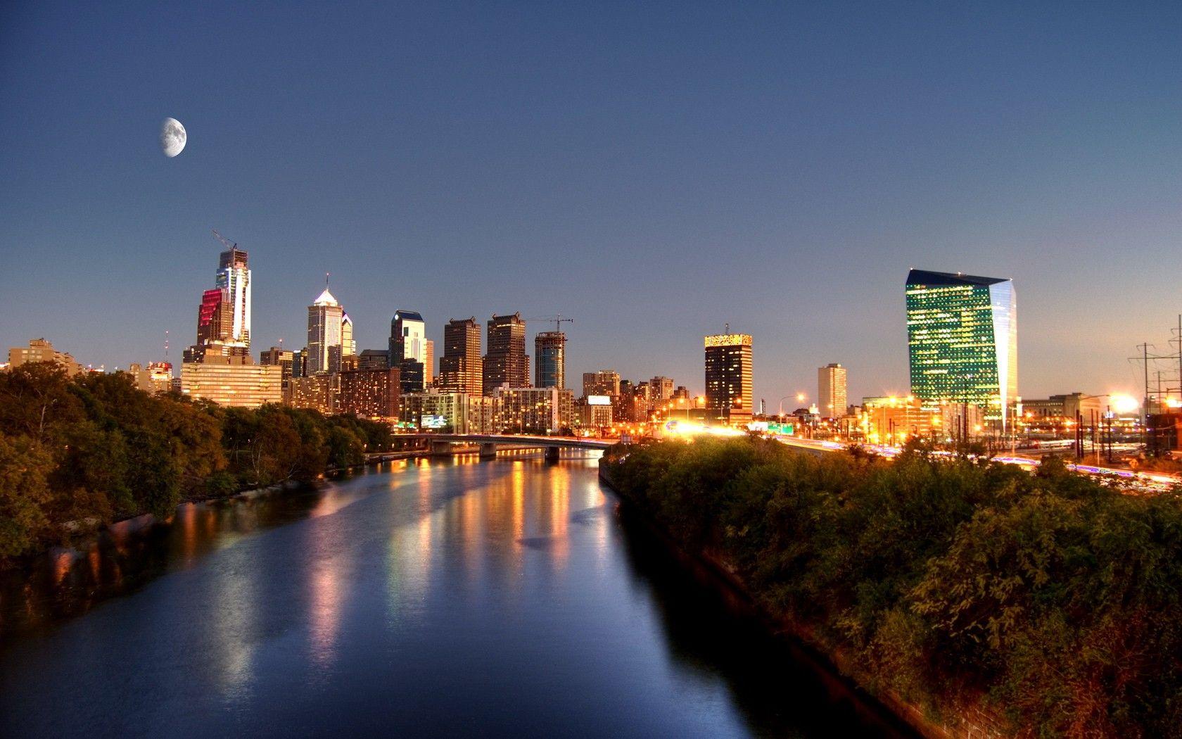 Skyscrapers: Philadelphia Skyline Sunset Streetlights City Brotherly