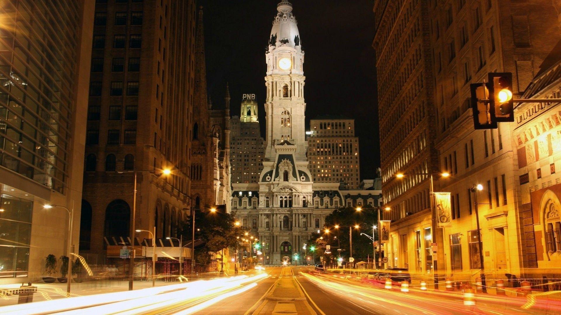 Other: Philadelphia City Hall Night Lights Street Wallpaper Picture