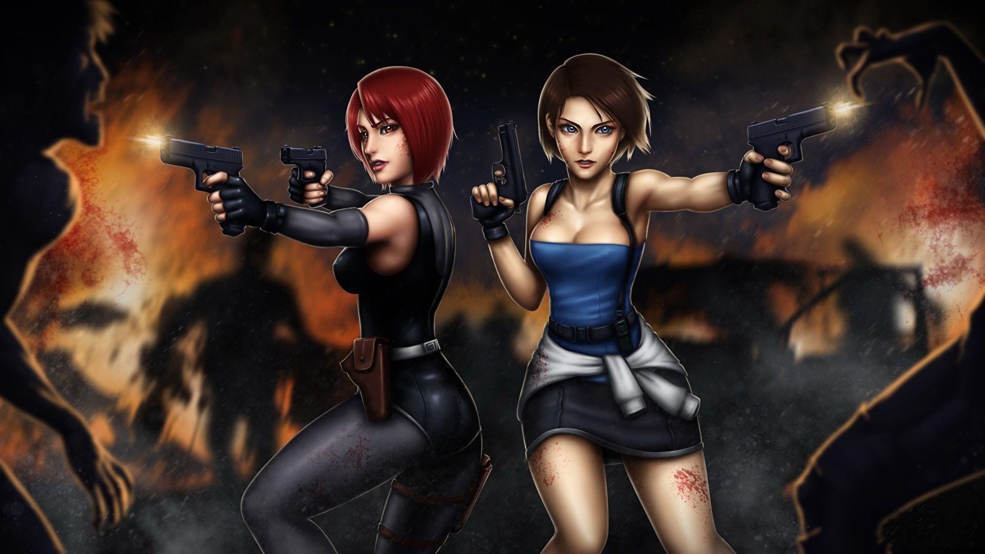 Wallpaper Resident Evil Zombie Firing Pistols Redhead girl 1920x1080