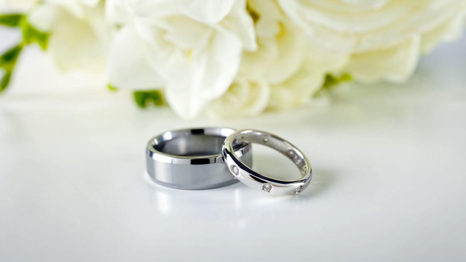 Download Wallpaper 1920x1080 rings, couple, wedding, silver, flowers