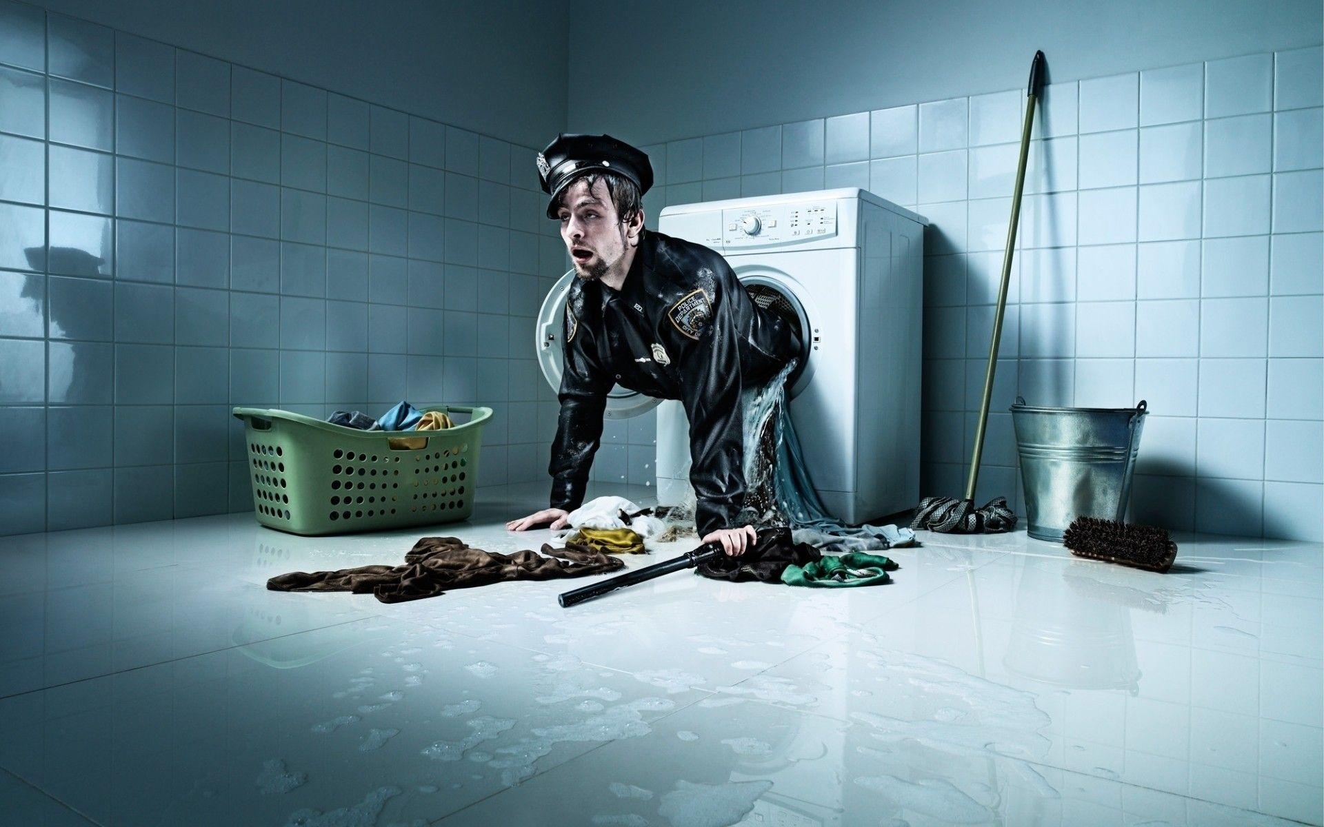 Artistic Washed Cop Mop Washing Machine Police Officer Wallpaper