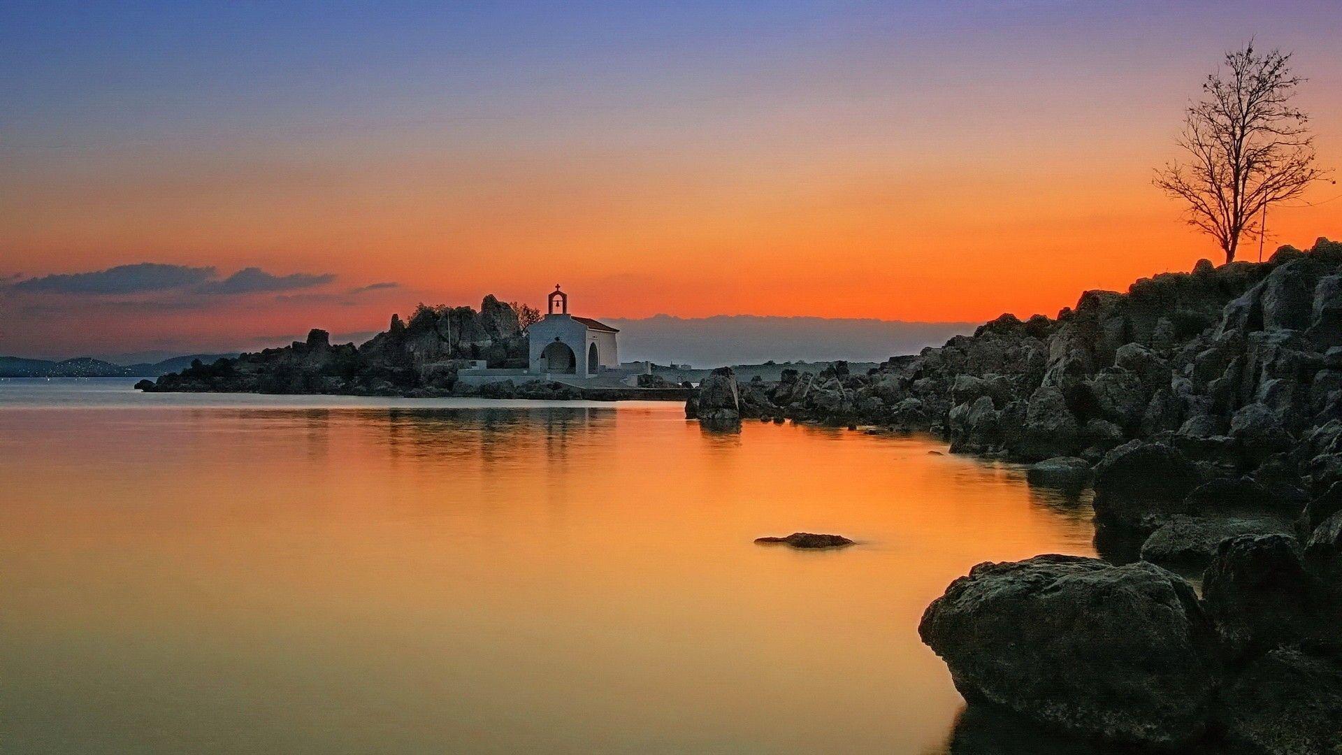 Religious: Beautiful Chapel Rocky Shore Sunset Sea Rocks HDR