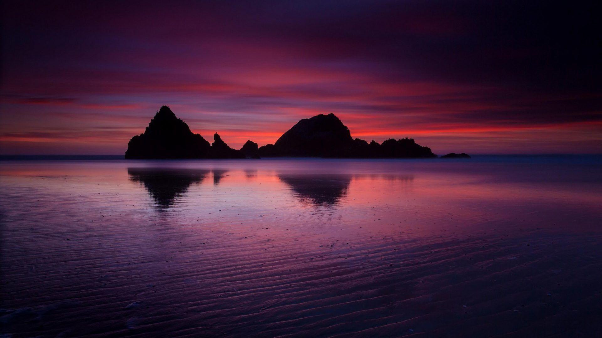 Beaches: Earth Rocky Island Twilight Rocks Beach Sunset Purple