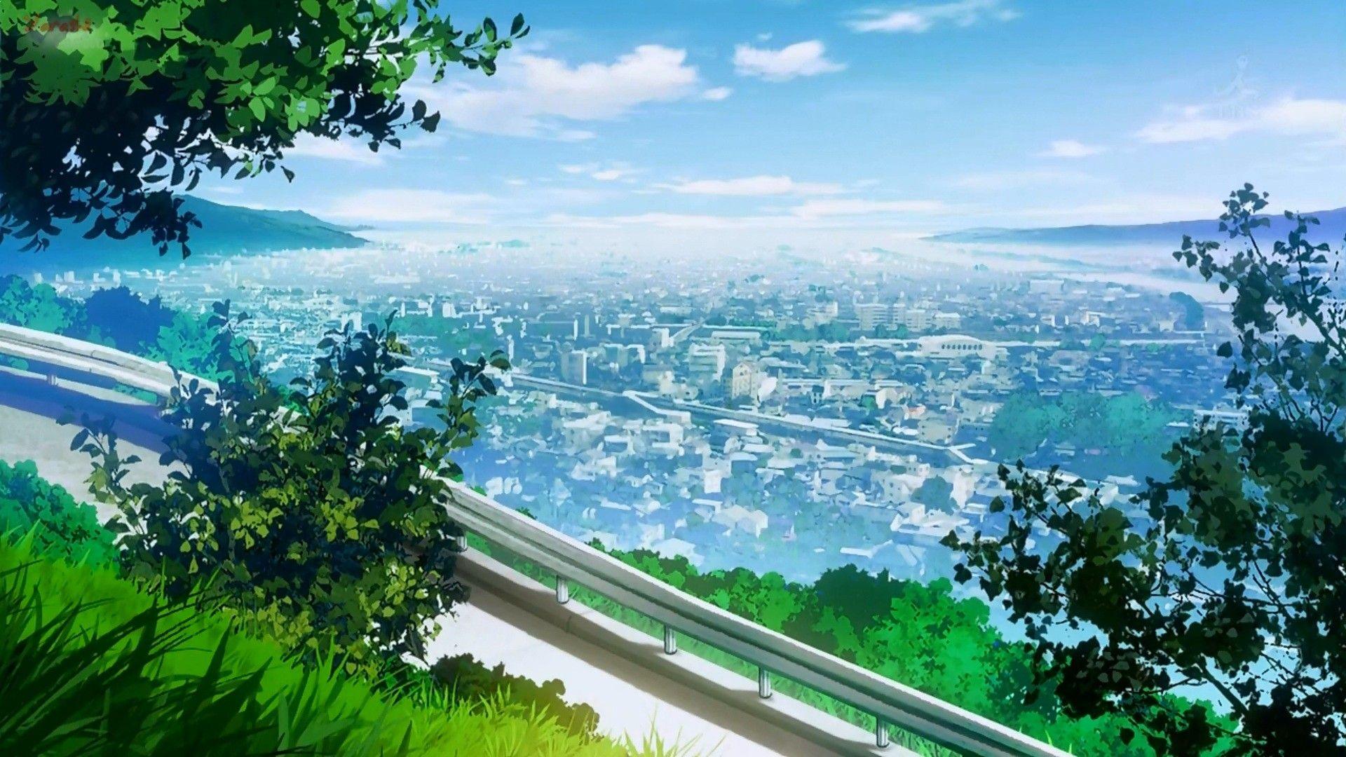 Wallpaper, landscape, city, cityscape, anime, ecosystem, mountain range 1920x1080