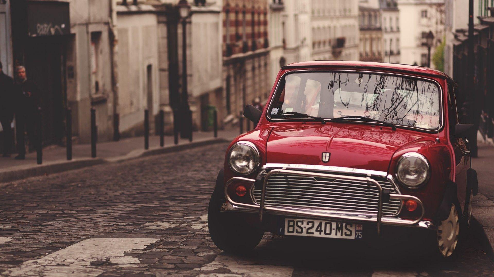 Wallpaper, street, France, British, Vintage car, Mini Cooper, land