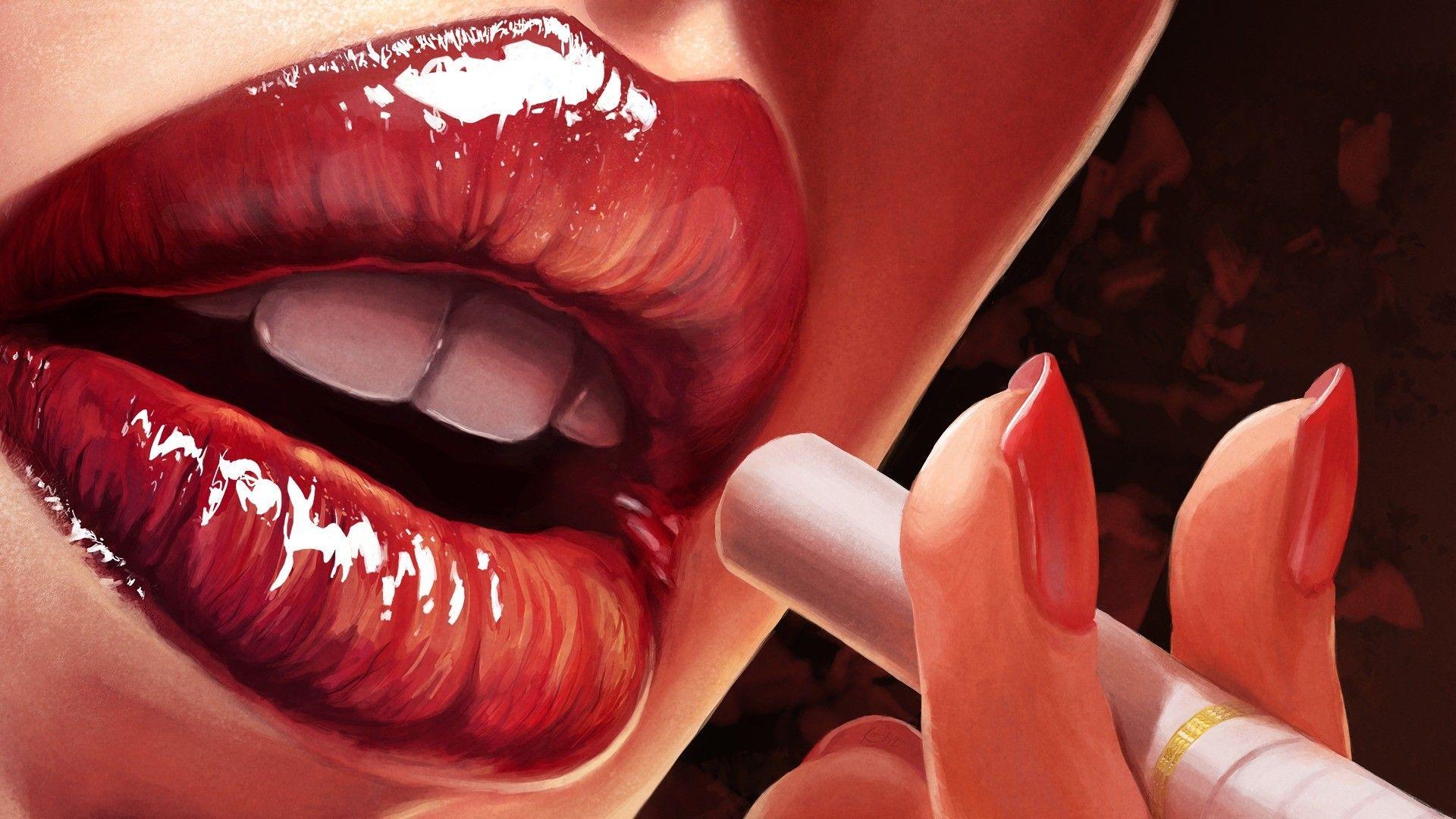 Red Woman Lips And Cigarette HD Wallpapers.