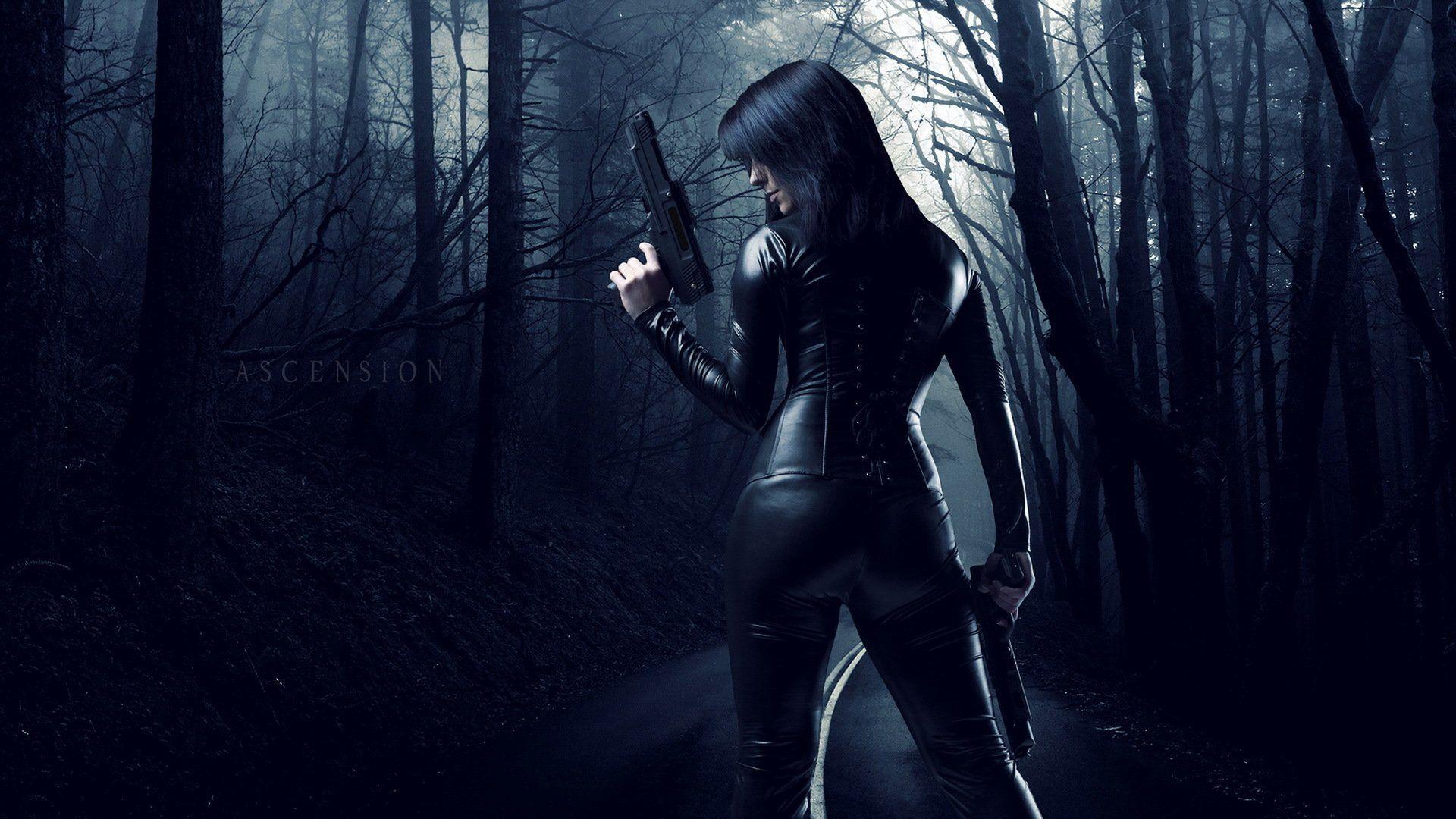 Woman spy weapon long hair forest dark wallpaperx1080