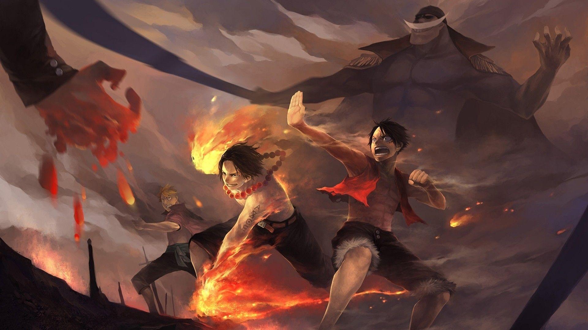 Monkey D. Luffy, Portgas D. Ace, Whitebeard, Marco, anime, One Piece