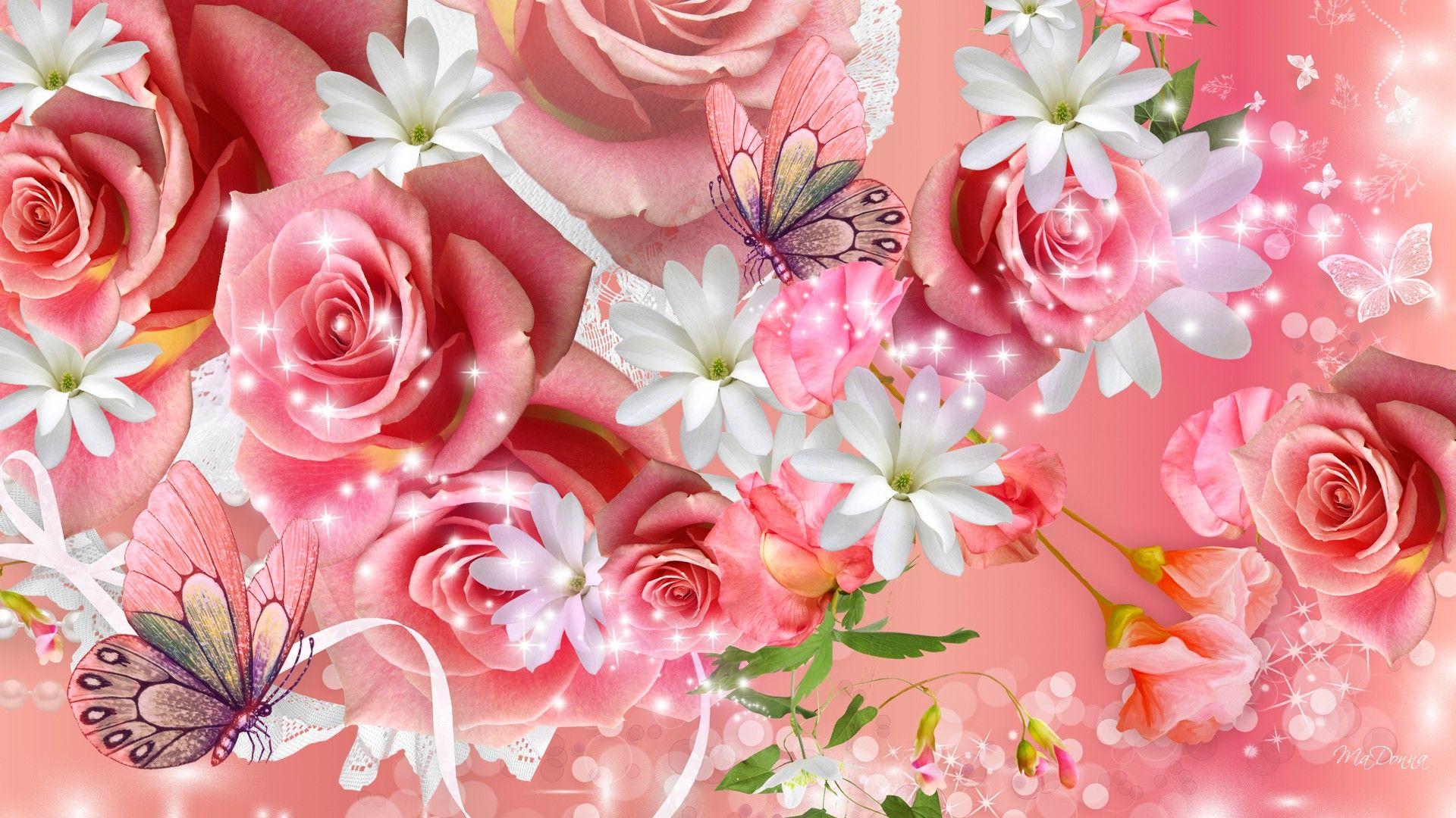 Pink Rose Butterfly. Butterfly with Rose. ✿ *♥Pink And White