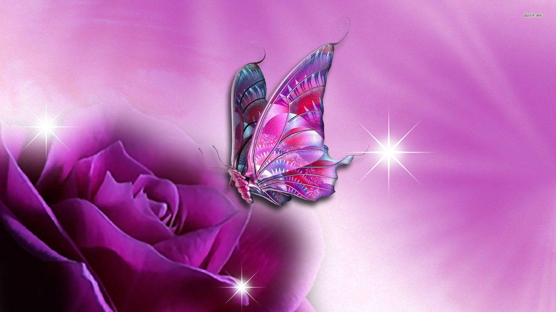 Butterfly on purple rose. Wallpaper vintage background