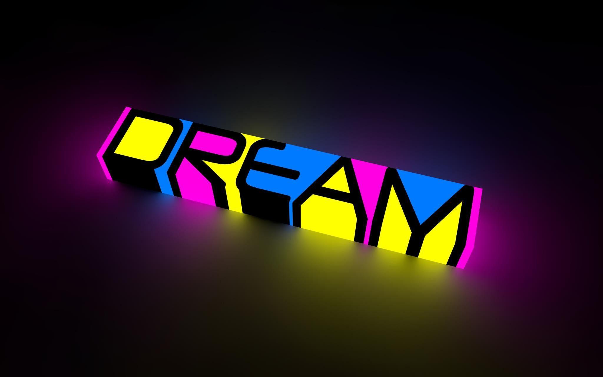 light, blue, yellow, pink, text, dreams, glow, 3D, cinema 4d