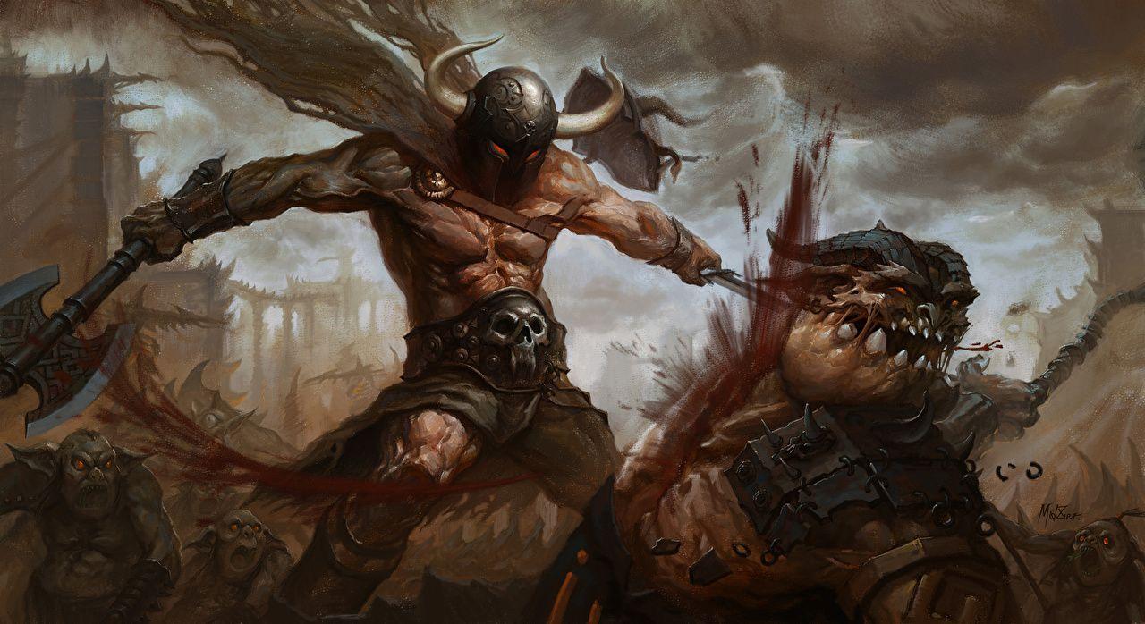 Monsters Battle axes Warriors Blood Fantasy Battles