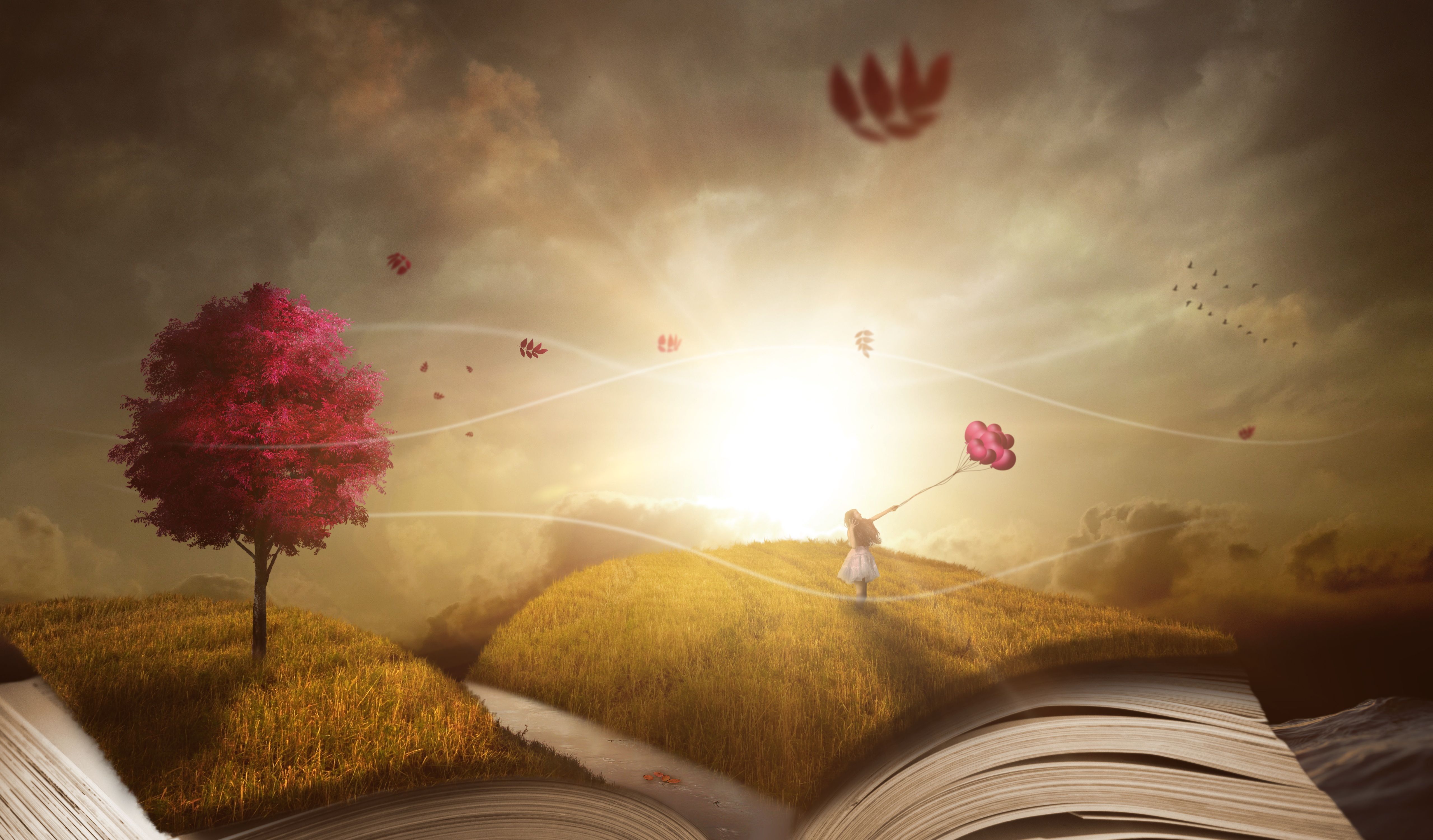 Wallpaper Dream, Autumn, Landscape, Book, Girl, HD, 4K, Fantasy