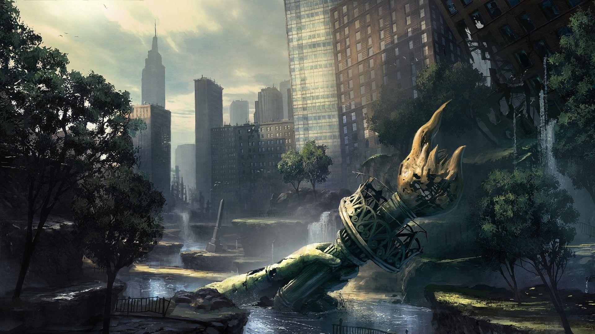 Post Apocalyptic City. Ruins Post Apocalyptic New York City Statue